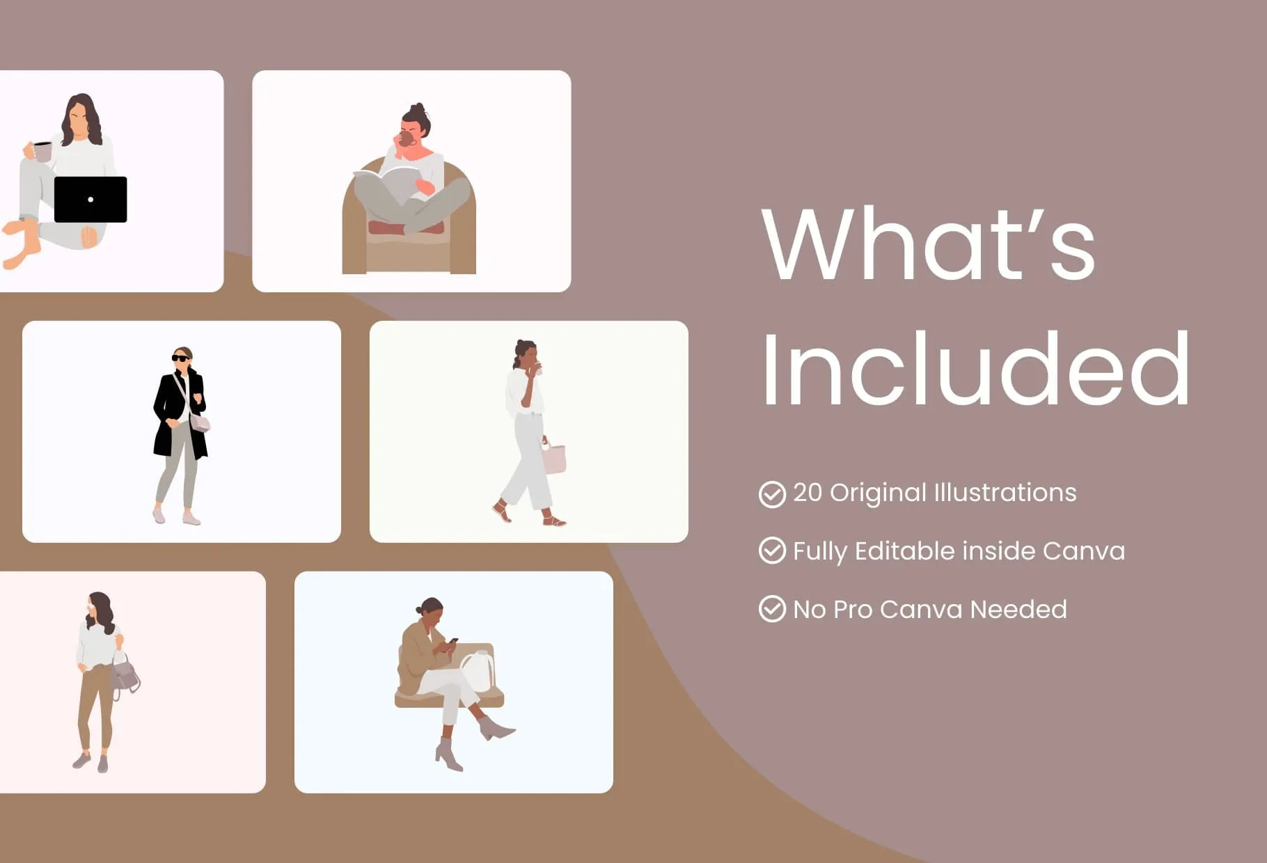 20 Unique Female Everyday Illustrations Fully Editable in Canva