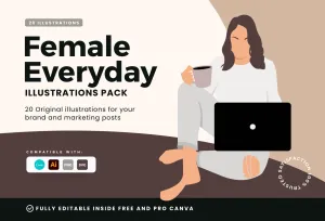 20 Unique Female Everyday Illustrations Fully Editable in Canva