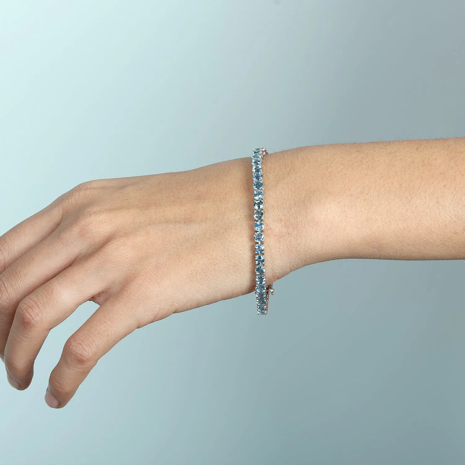 Aquamarine March Birthstone Tennis Fixed & Flexible Bracelet In 14K White Gold