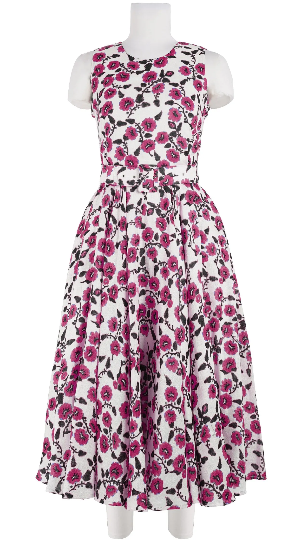 Aster Dress Crew Neck Sleeveless Midi Length Linen (Azalea Flower Small)