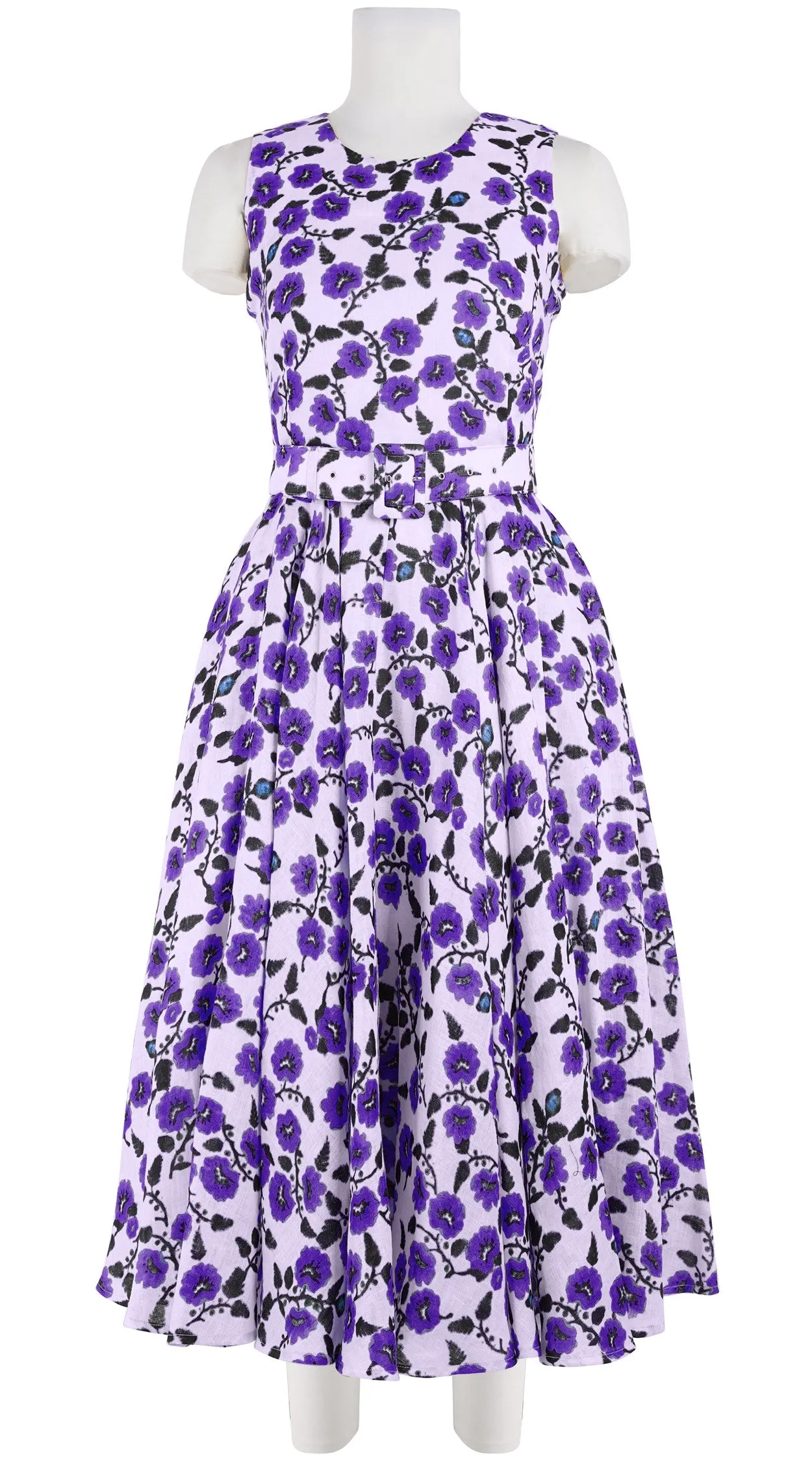Aster Dress Crew Neck Sleeveless Midi Length Linen (Azalea Flower Small)