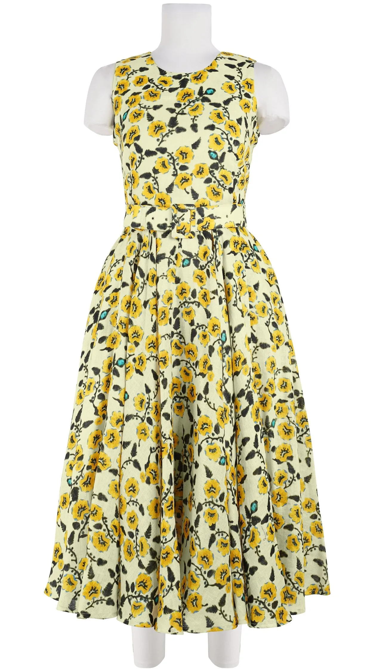 Aster Dress Crew Neck Sleeveless Midi Length Linen (Azalea Flower Small)