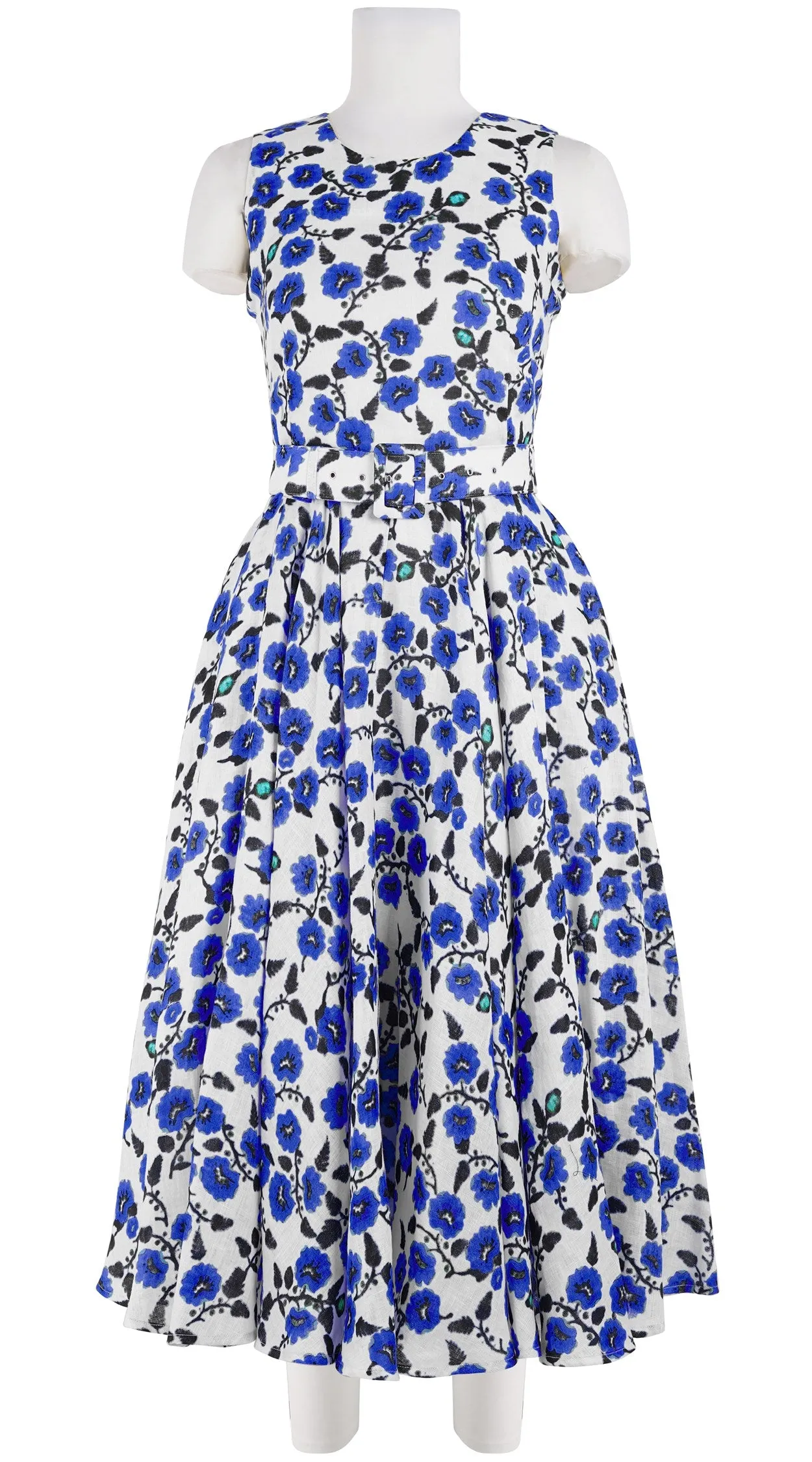 Aster Dress Crew Neck Sleeveless Midi Length Linen (Azalea Flower Small)