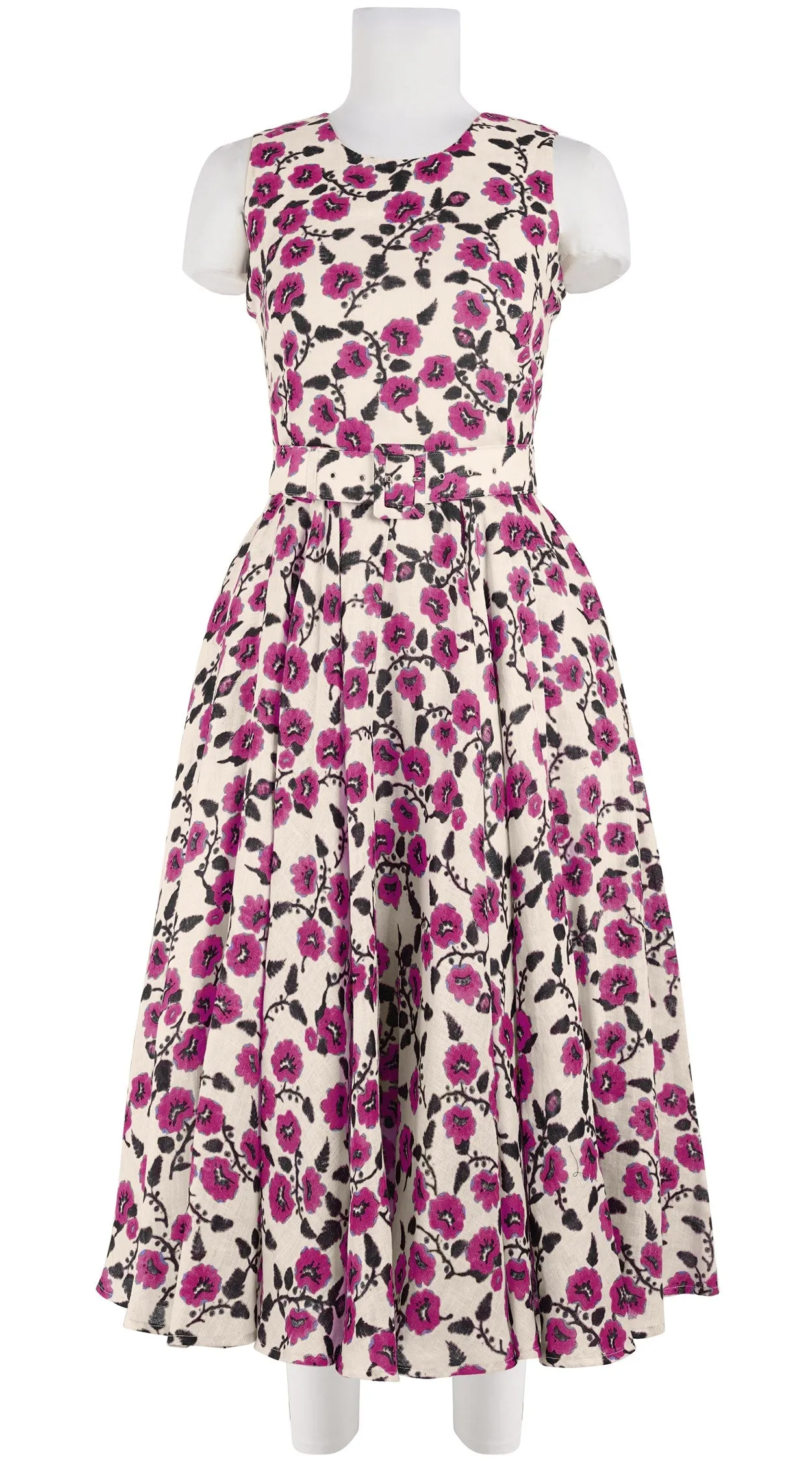 Aster Dress Crew Neck Sleeveless Midi Length Linen (Azalea Flower Small)