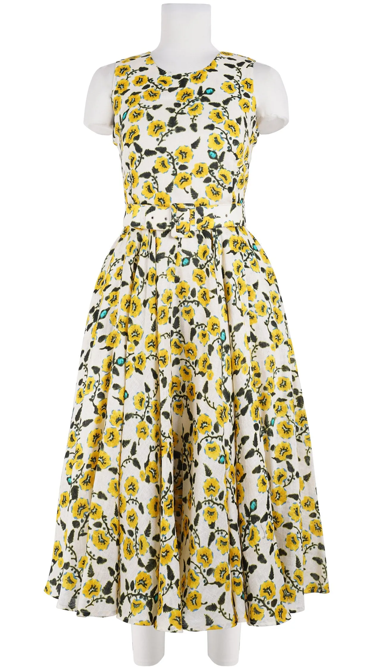 Aster Dress Crew Neck Sleeveless Midi Length Linen (Azalea Flower Small)