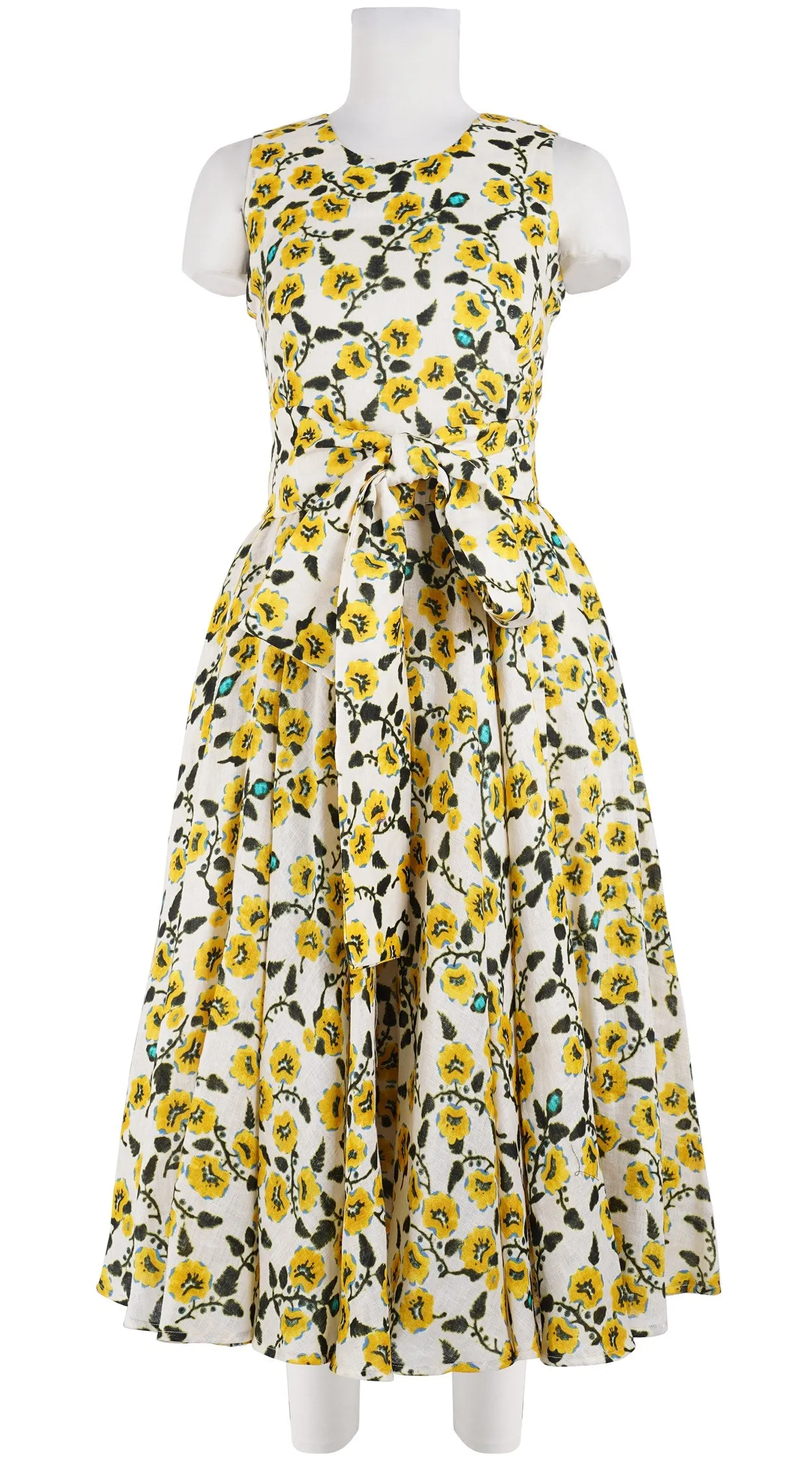 Aster Dress Crew Neck Sleeveless Midi Length Linen (Azalea Flower Small)