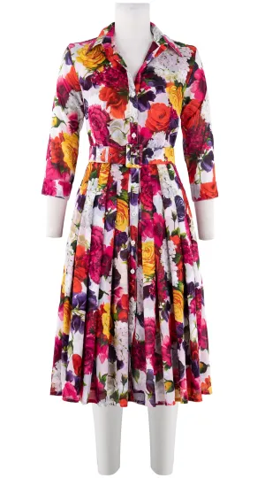 Audrey Dress #4 Shirt Collar 3/4 Sleeve Long Length Cotton Musola (Zinnia Flower)