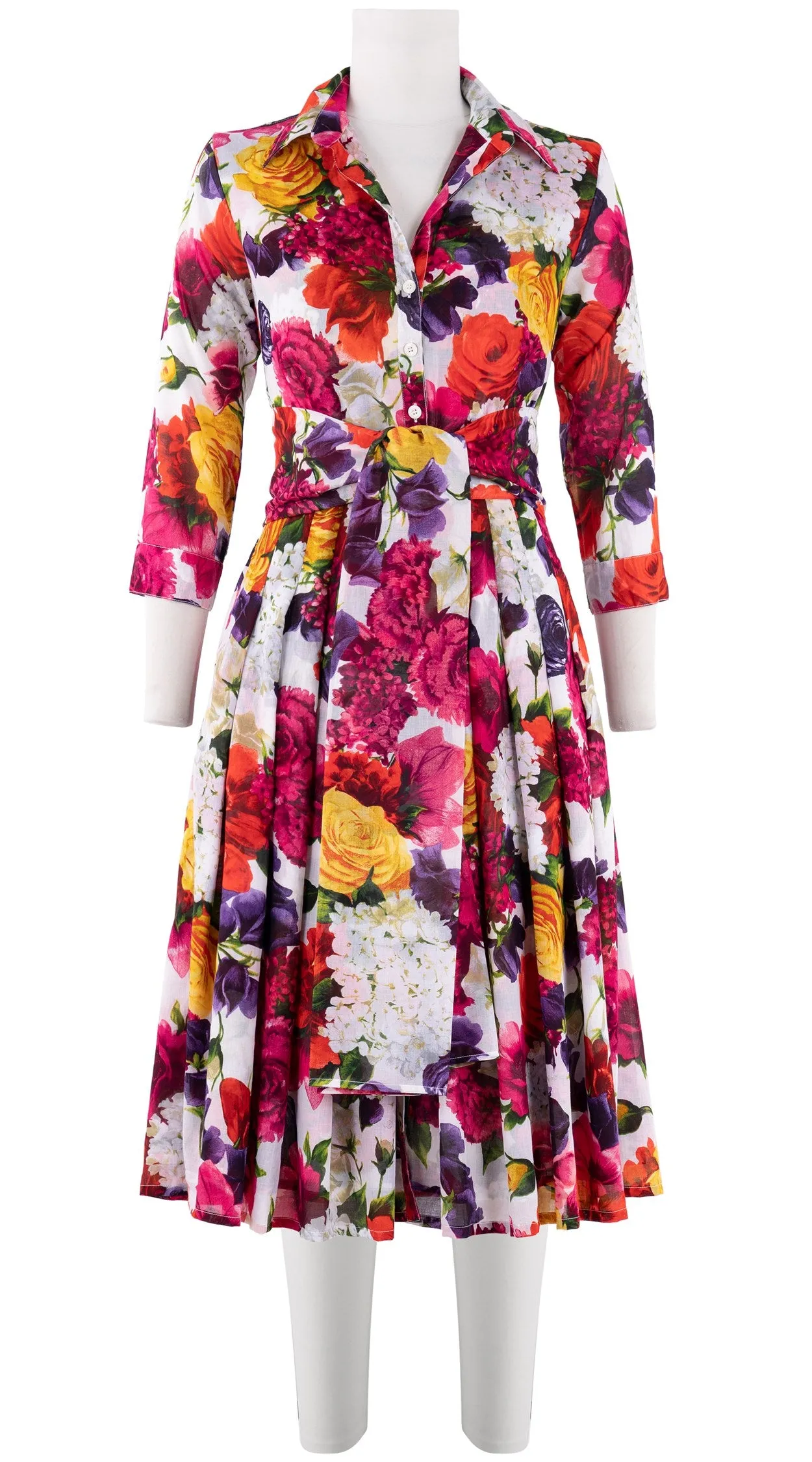 Audrey Dress #4 Shirt Collar 3/4 Sleeve Long Length Cotton Musola (Zinnia Flower)