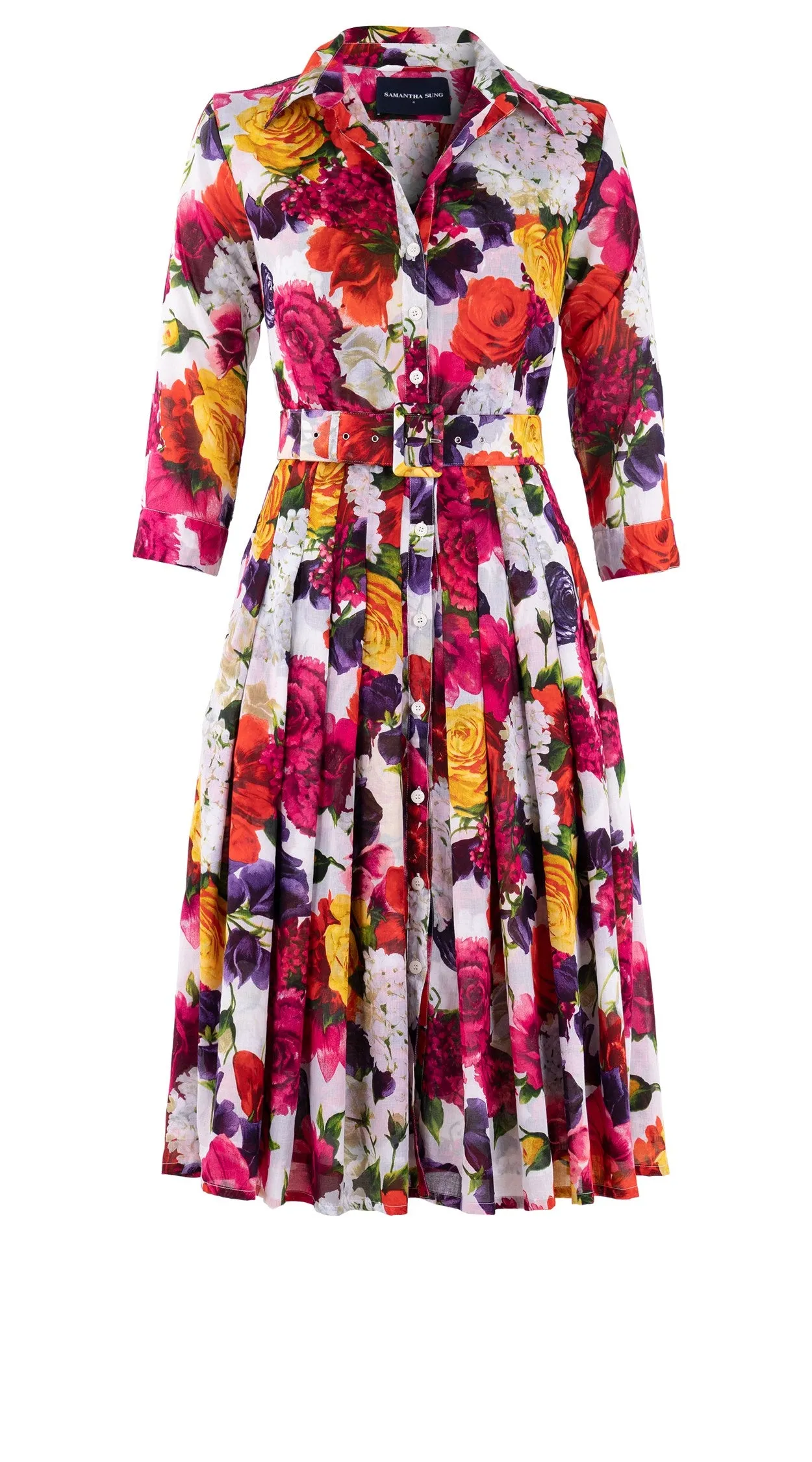 Audrey Dress #4 Shirt Collar 3/4 Sleeve Long Length Cotton Musola (Zinnia Flower)