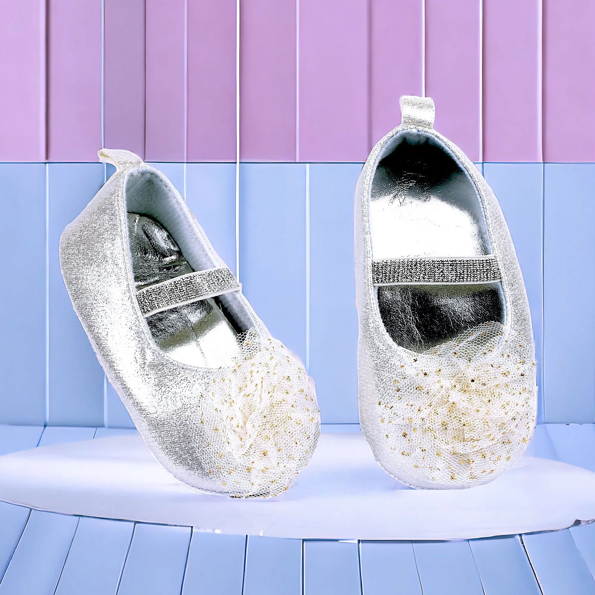 Baby Moo Embellished Flower Elastic Strap Gllittery Ballerina Booties - Silver, Metallic
