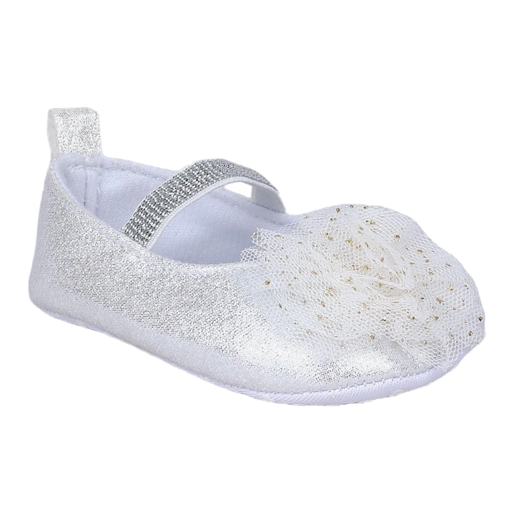 Baby Moo Embellished Flower Elastic Strap Gllittery Ballerina Booties - Silver, Metallic