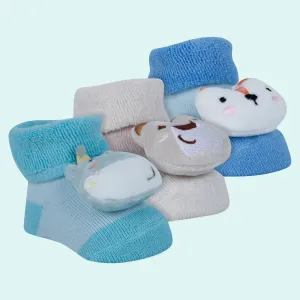 Baby Moo Fox Frog Bear 3D Rattle Anti-Skid Socks Booties Pack of 3 - Blue