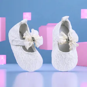 Baby Moo Lace Glitter Bow Velcro Strap Anti-Skid Ballerina Booties - White