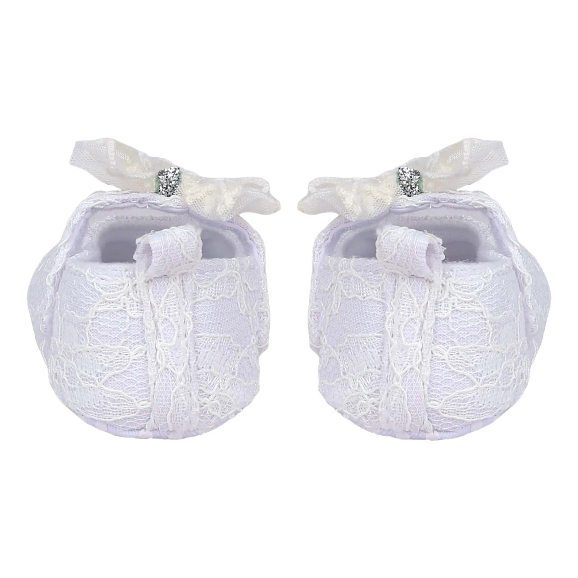 Baby Moo Lace Glitter Bow Velcro Strap Anti-Skid Ballerina Booties - White