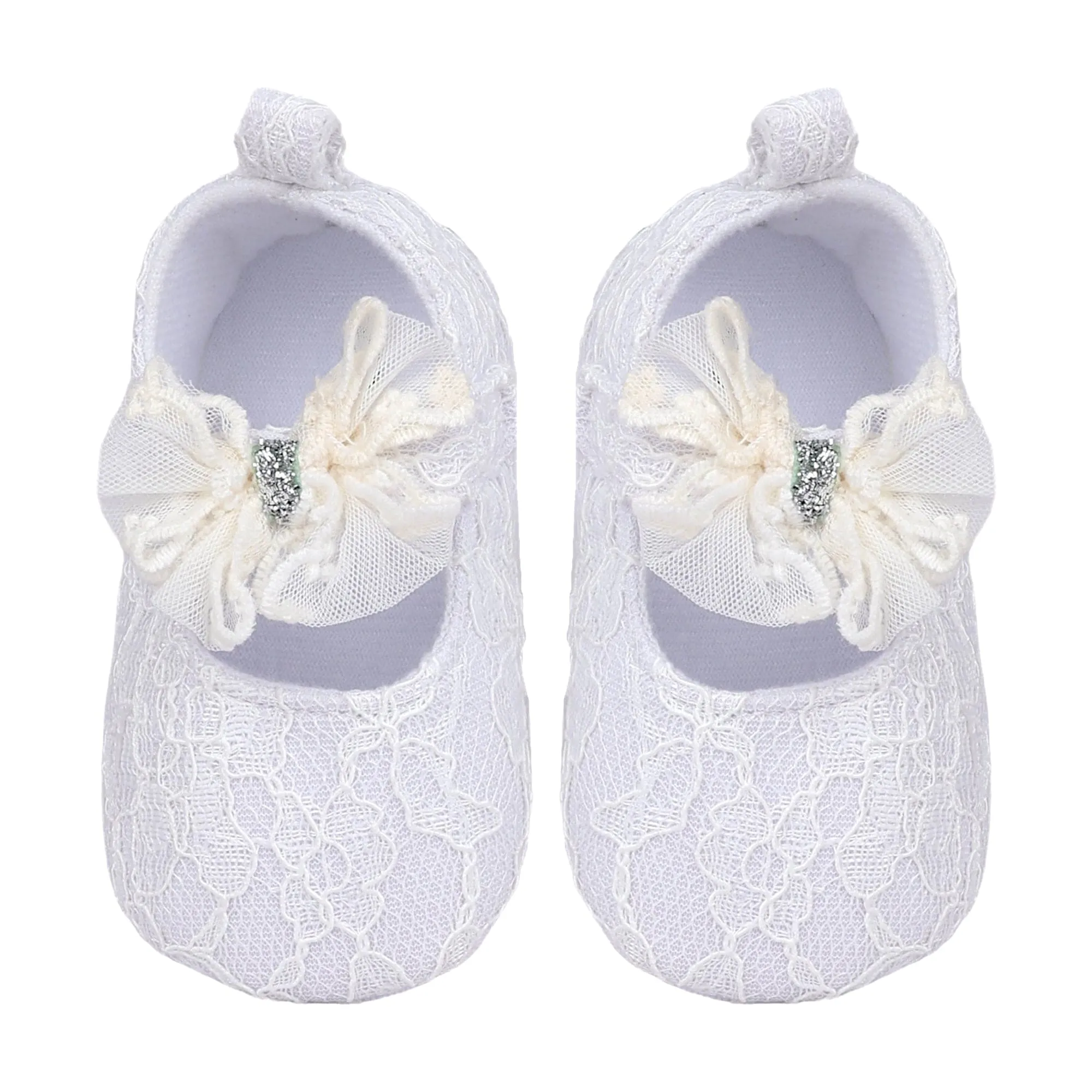 Baby Moo Lace Glitter Bow Velcro Strap Anti-Skid Ballerina Booties - White