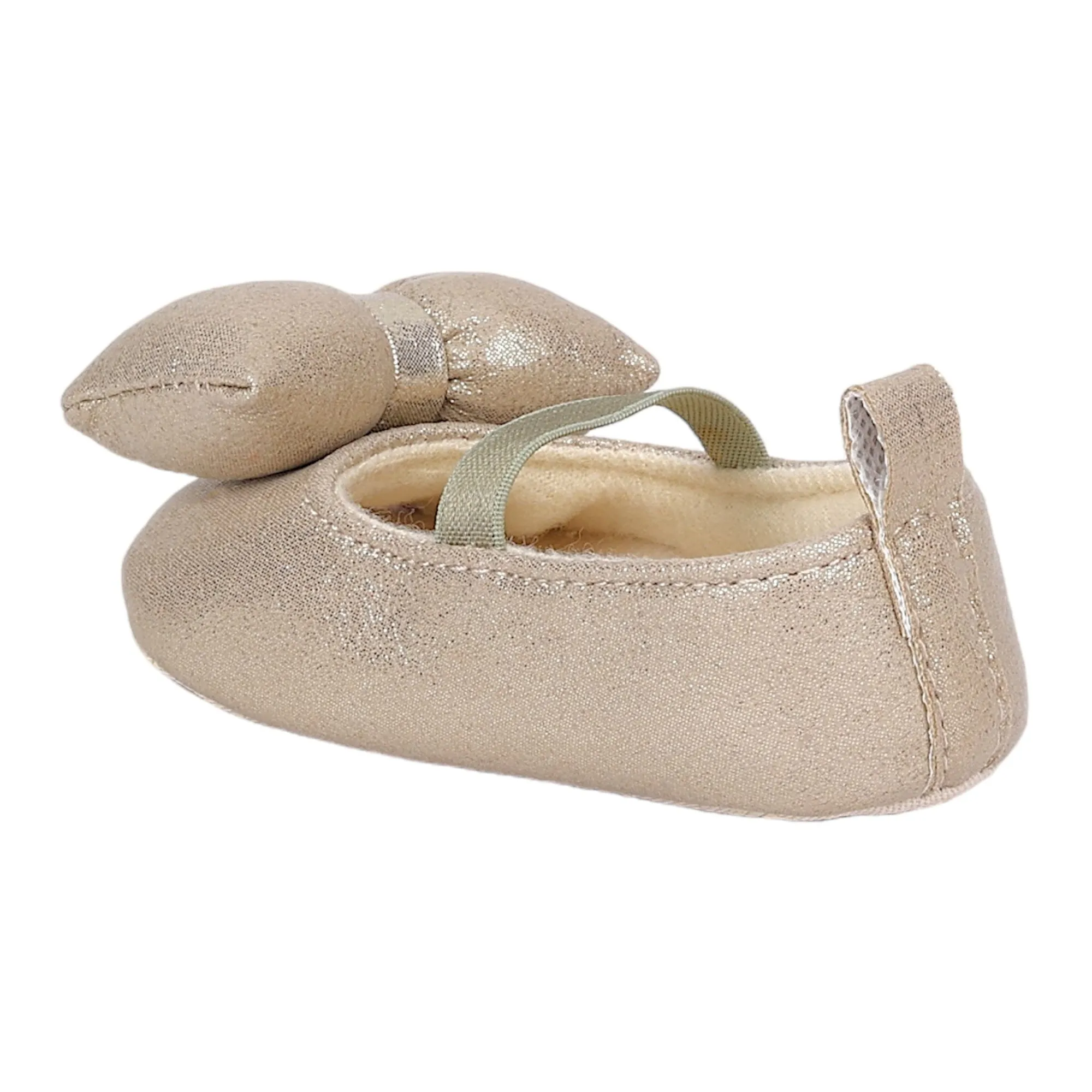 Baby Moo Partywear Shiny Bow Elastic Strap Anti-Skid Ballerina Booties - Gold