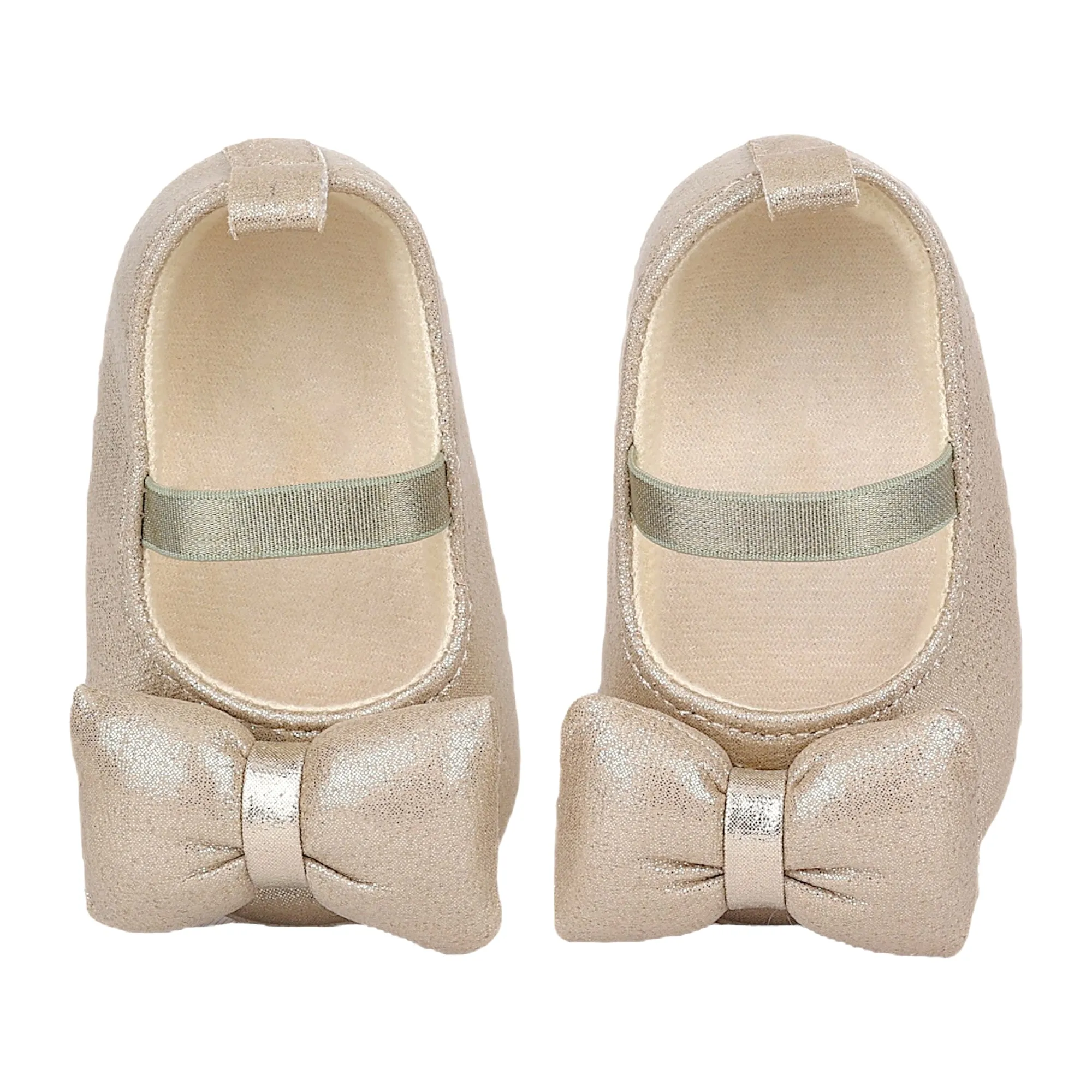 Baby Moo Partywear Shiny Bow Elastic Strap Anti-Skid Ballerina Booties - Gold
