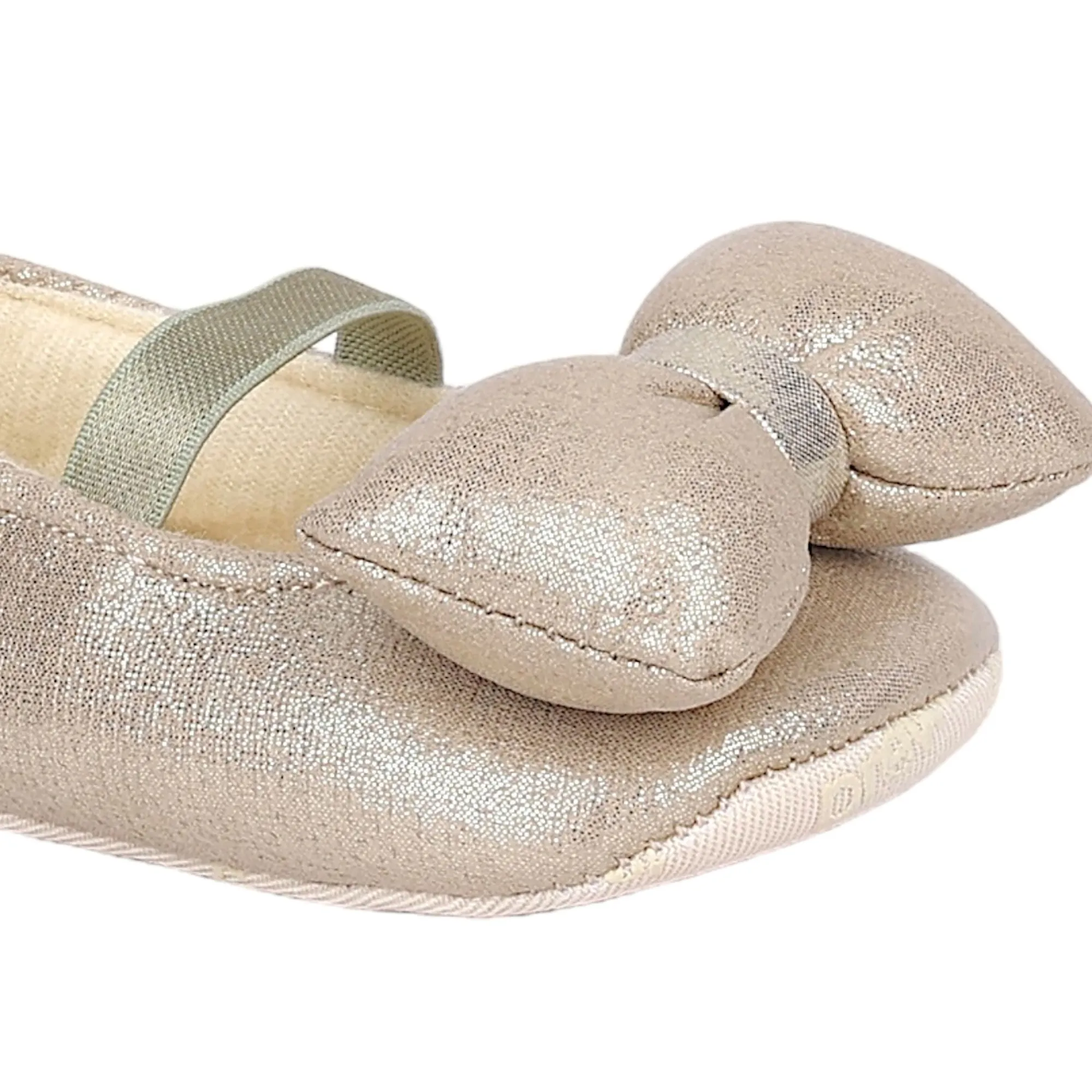 Baby Moo Partywear Shiny Bow Elastic Strap Anti-Skid Ballerina Booties - Gold
