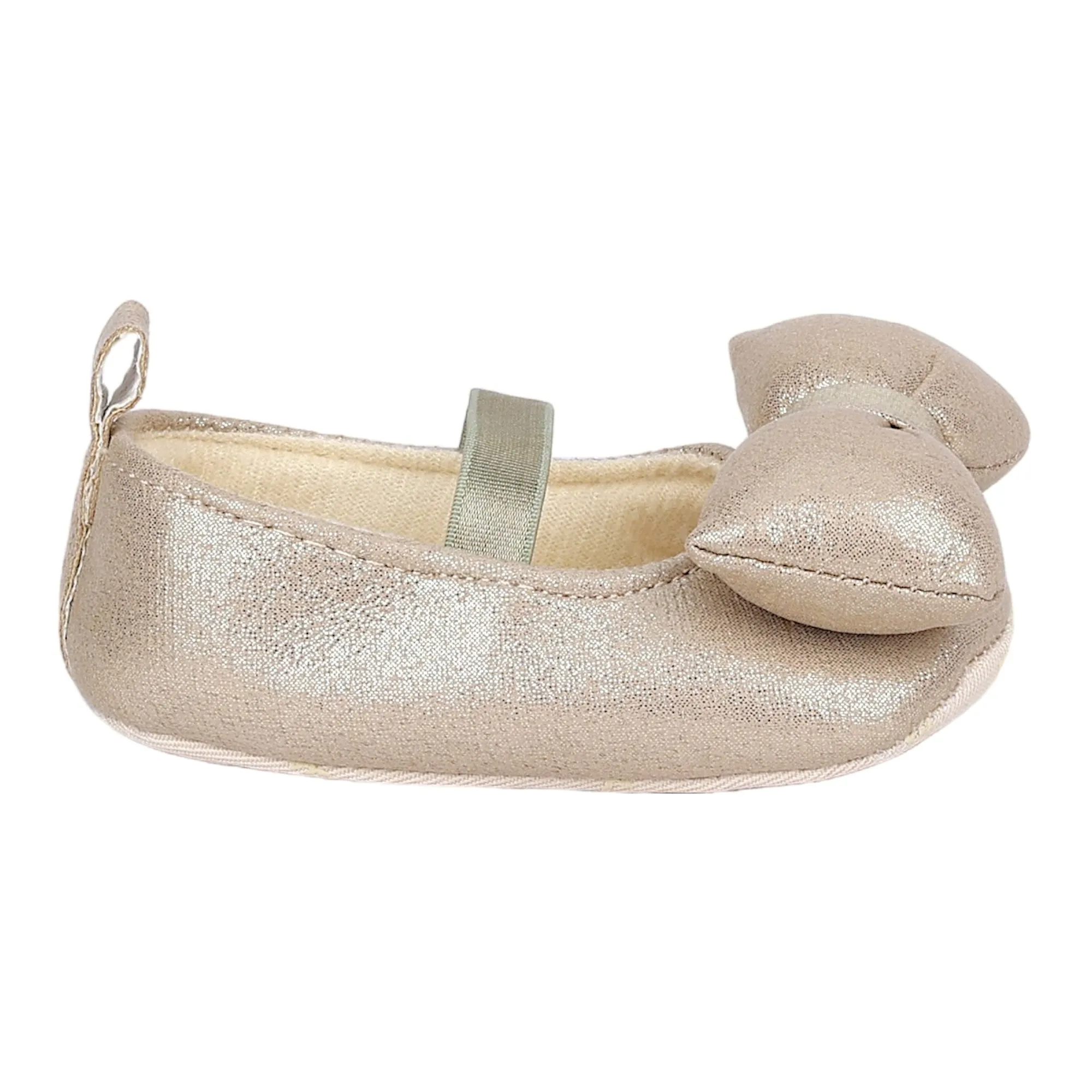 Baby Moo Partywear Shiny Bow Elastic Strap Anti-Skid Ballerina Booties - Gold