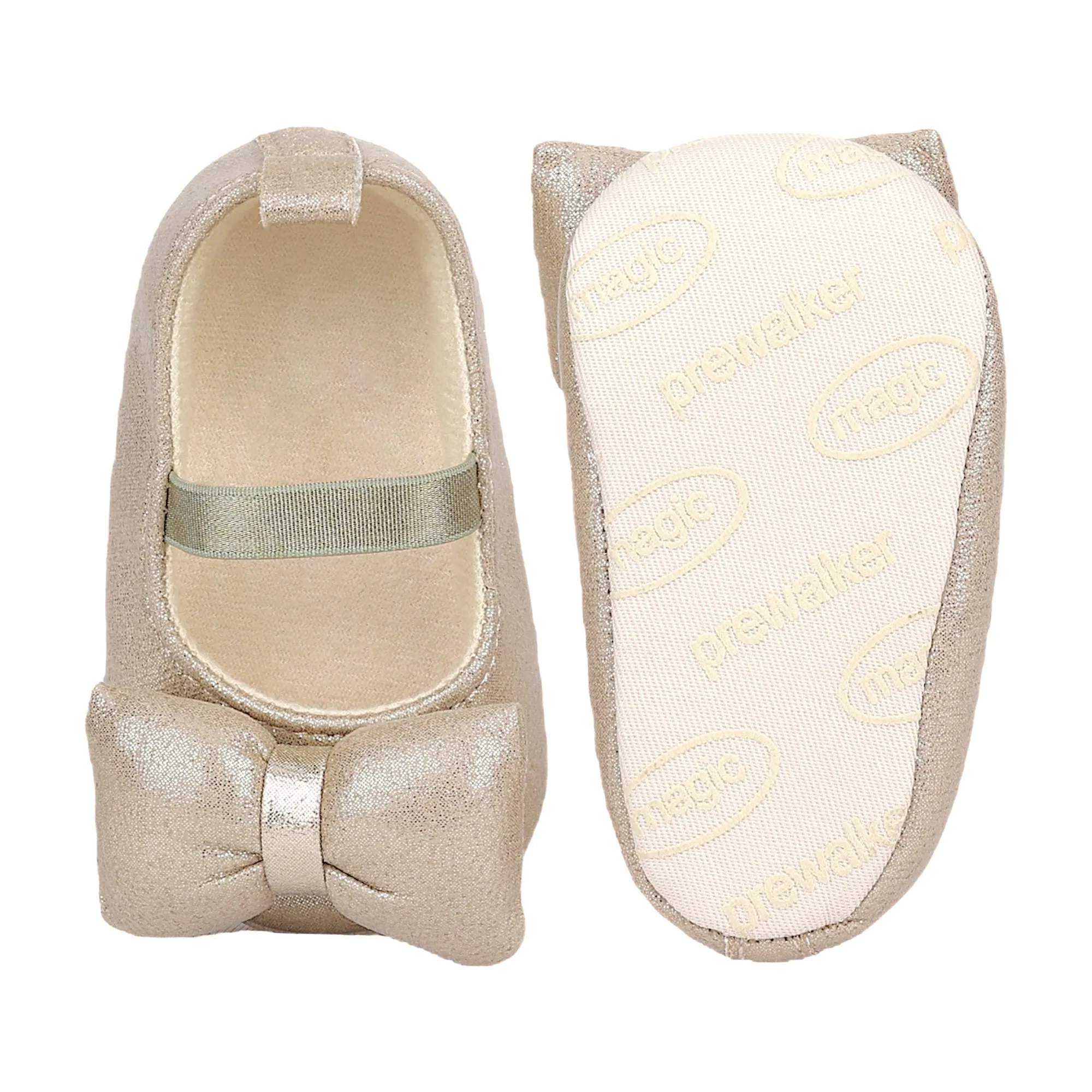 Baby Moo Partywear Shiny Bow Elastic Strap Anti-Skid Ballerina Booties - Gold