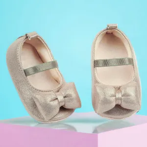 Baby Moo Partywear Shiny Bow Elastic Strap Anti-Skid Ballerina Booties - Gold