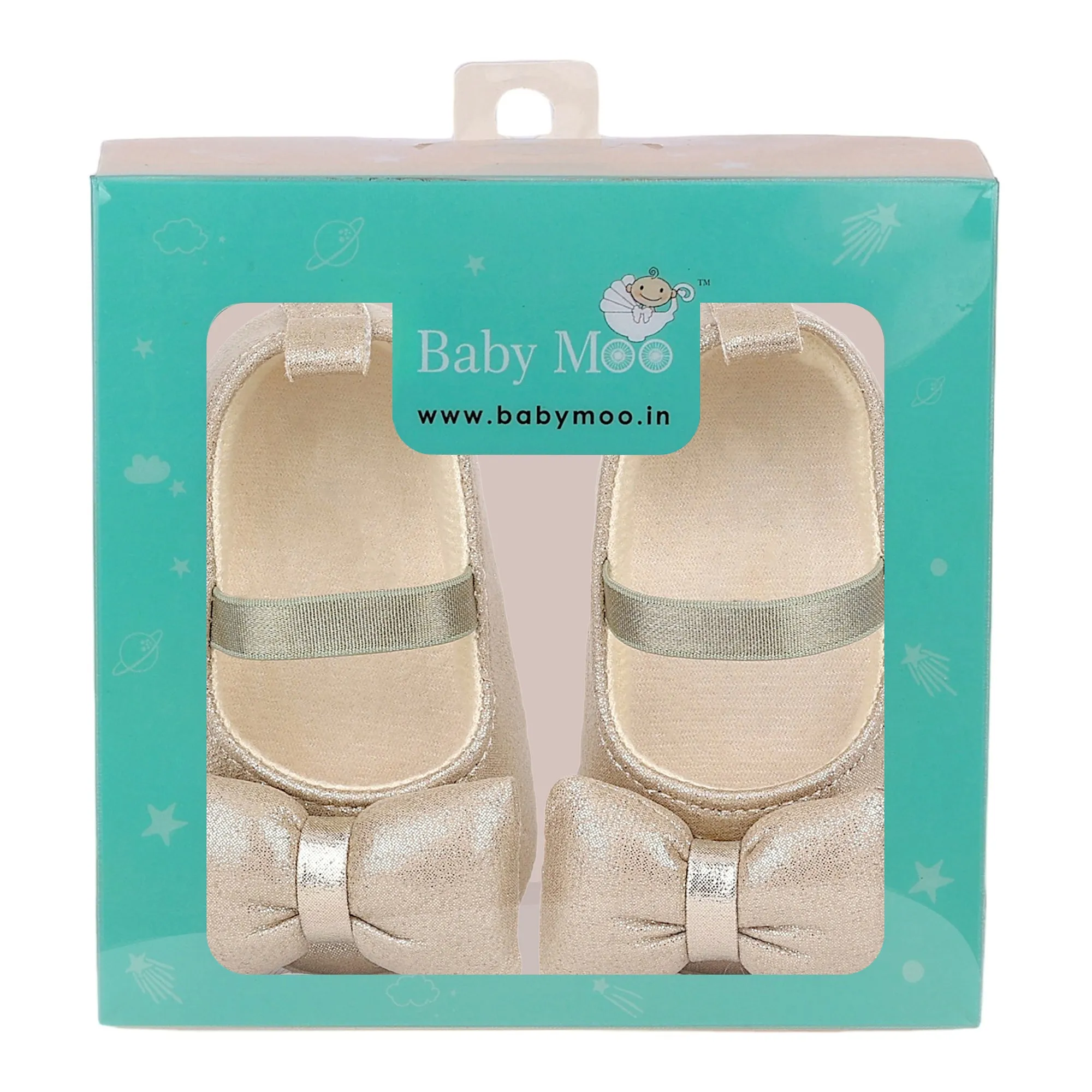 Baby Moo Partywear Shiny Bow Elastic Strap Anti-Skid Ballerina Booties - Gold