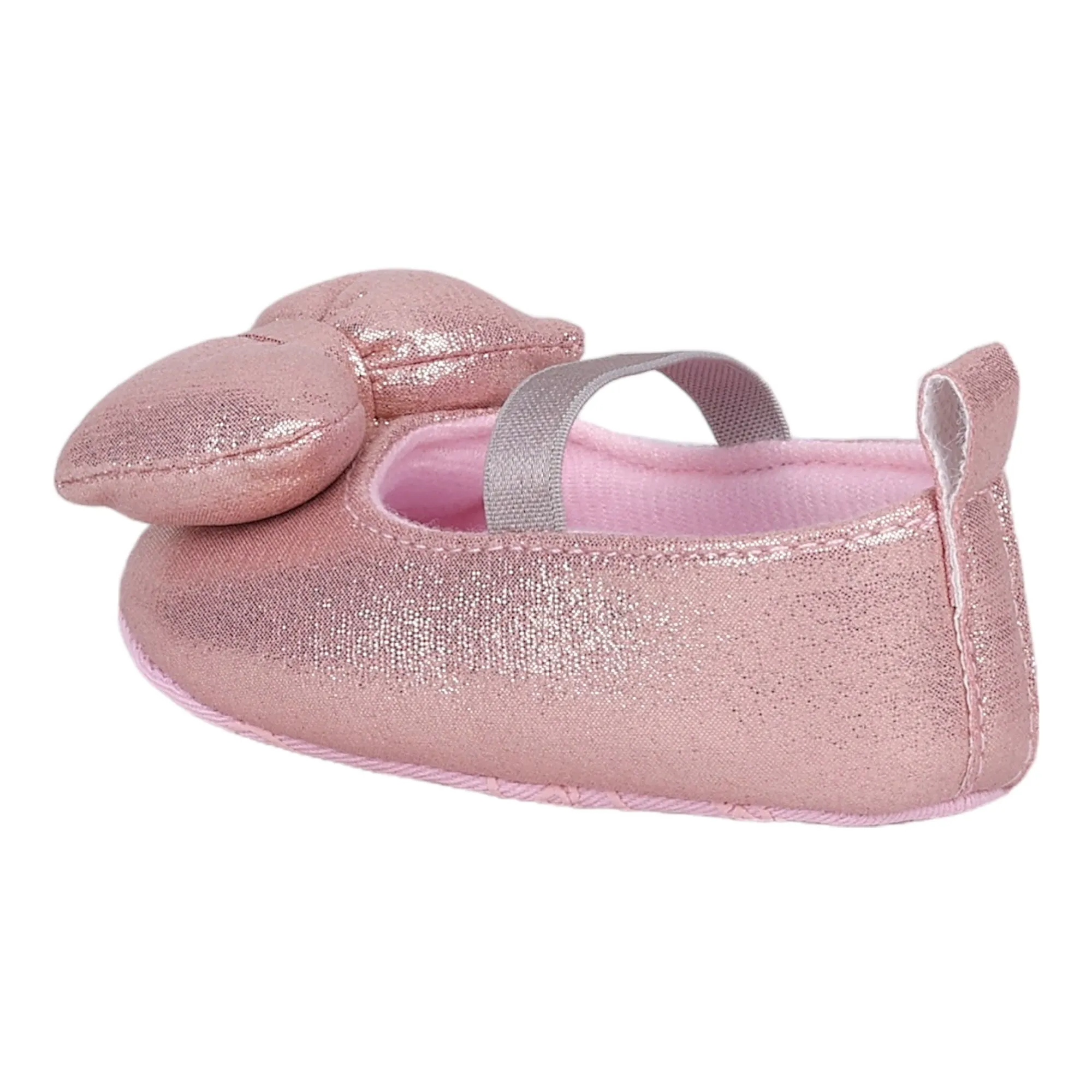 Baby Moo Partywear Shiny Bow Elastic Strap Anti-Skid Ballerina Booties - Pink