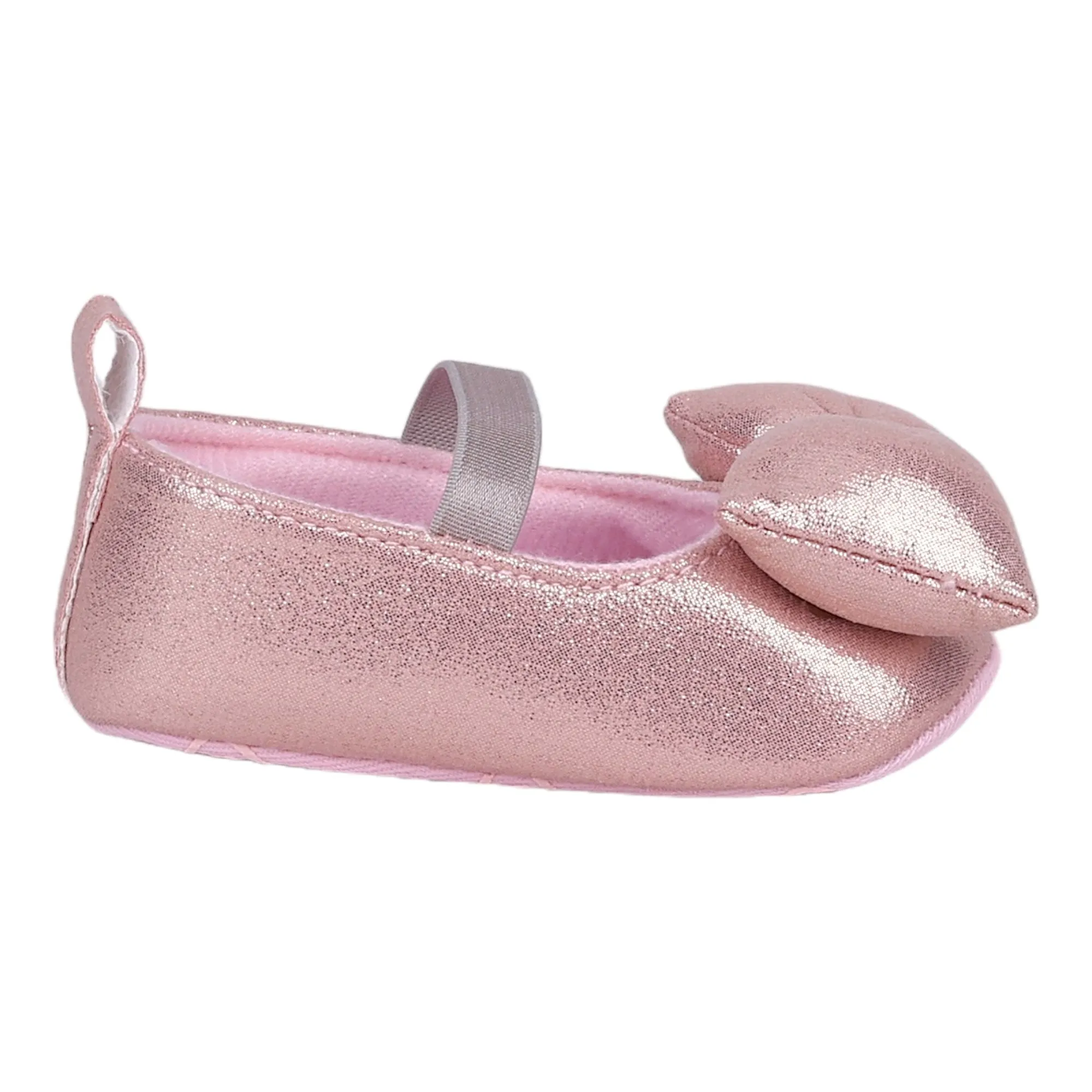 Baby Moo Partywear Shiny Bow Elastic Strap Anti-Skid Ballerina Booties - Pink
