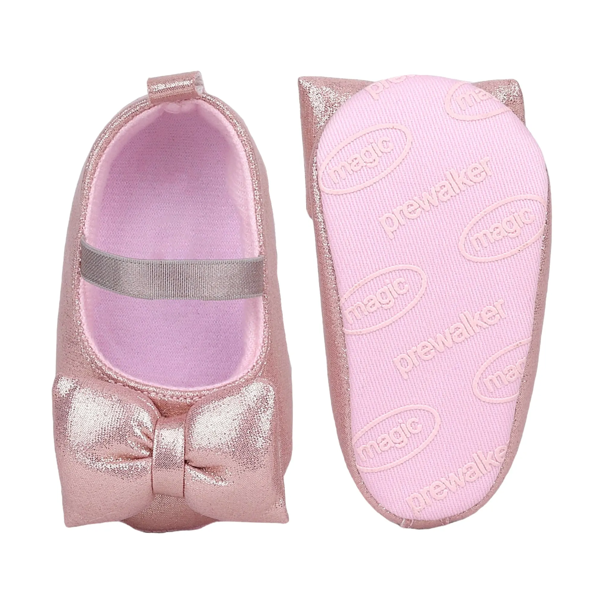 Baby Moo Partywear Shiny Bow Elastic Strap Anti-Skid Ballerina Booties - Pink