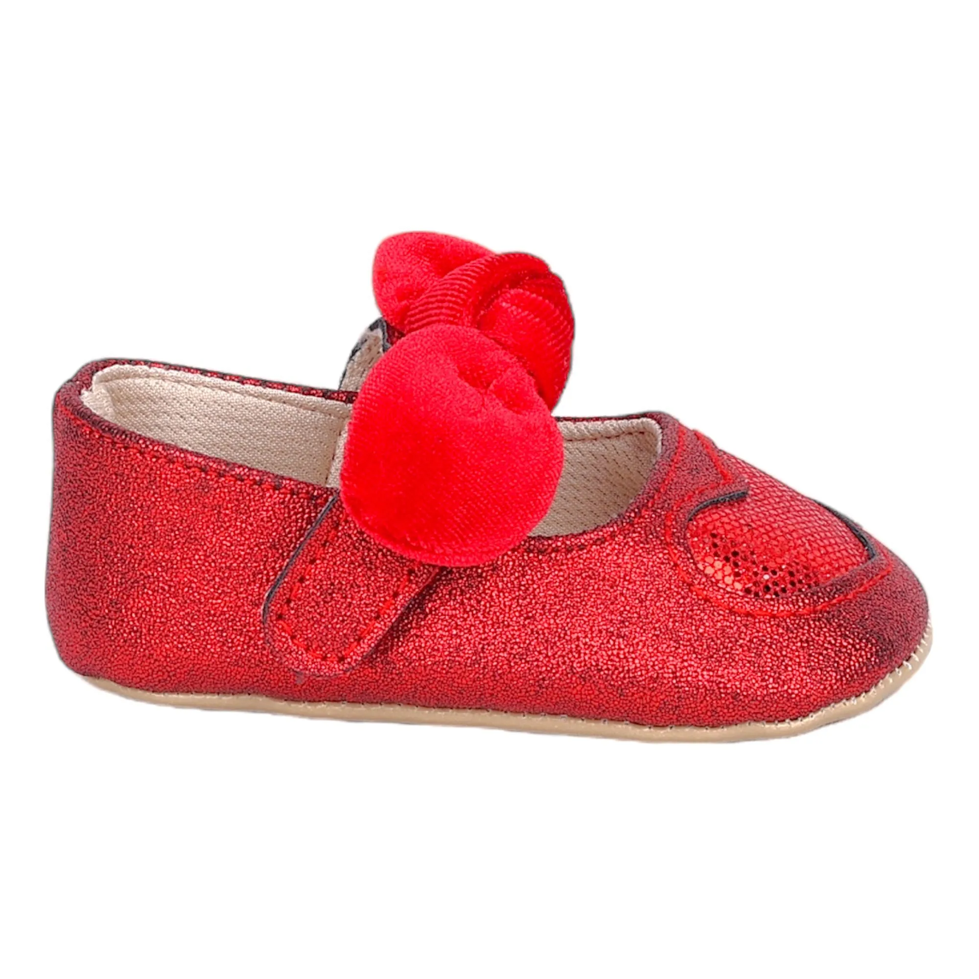 Baby Moo Sequin Heart Bow Velcro Strap Anti-Skid Ballerina Booties - Red