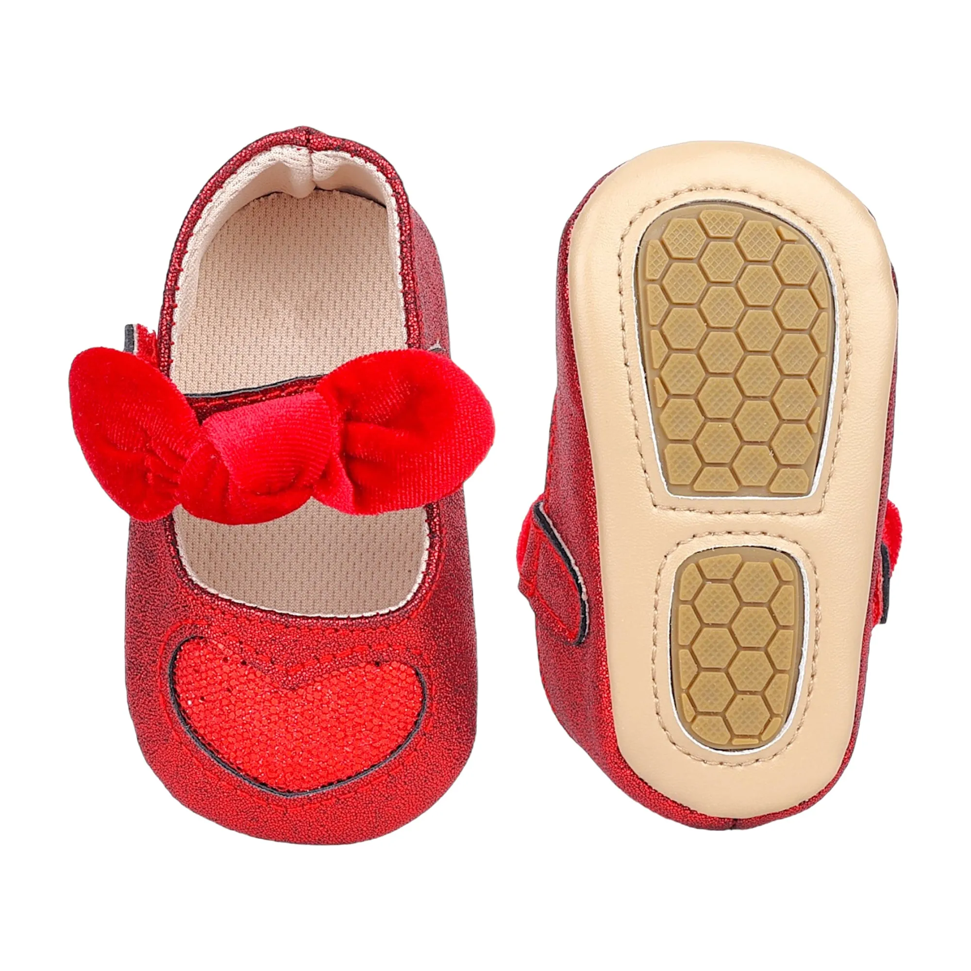 Baby Moo Sequin Heart Bow Velcro Strap Anti-Skid Ballerina Booties - Red