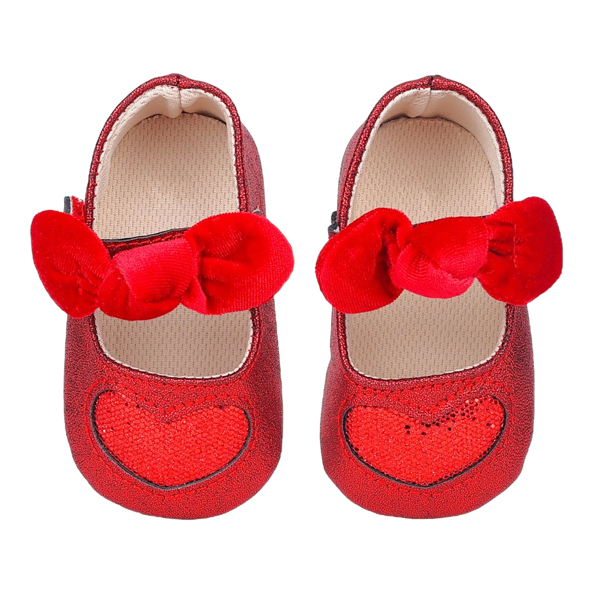 Baby Moo Sequin Heart Bow Velcro Strap Anti-Skid Ballerina Booties - Red