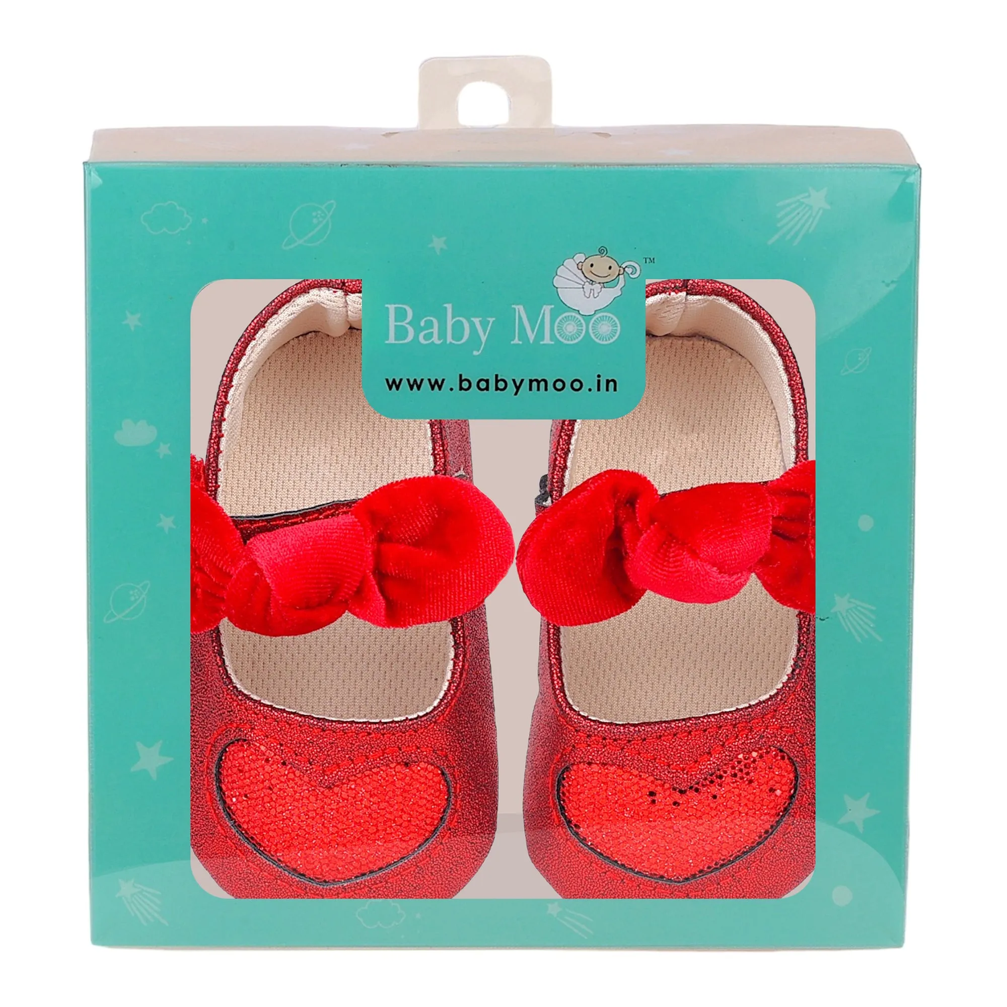 Baby Moo Sequin Heart Bow Velcro Strap Anti-Skid Ballerina Booties - Red