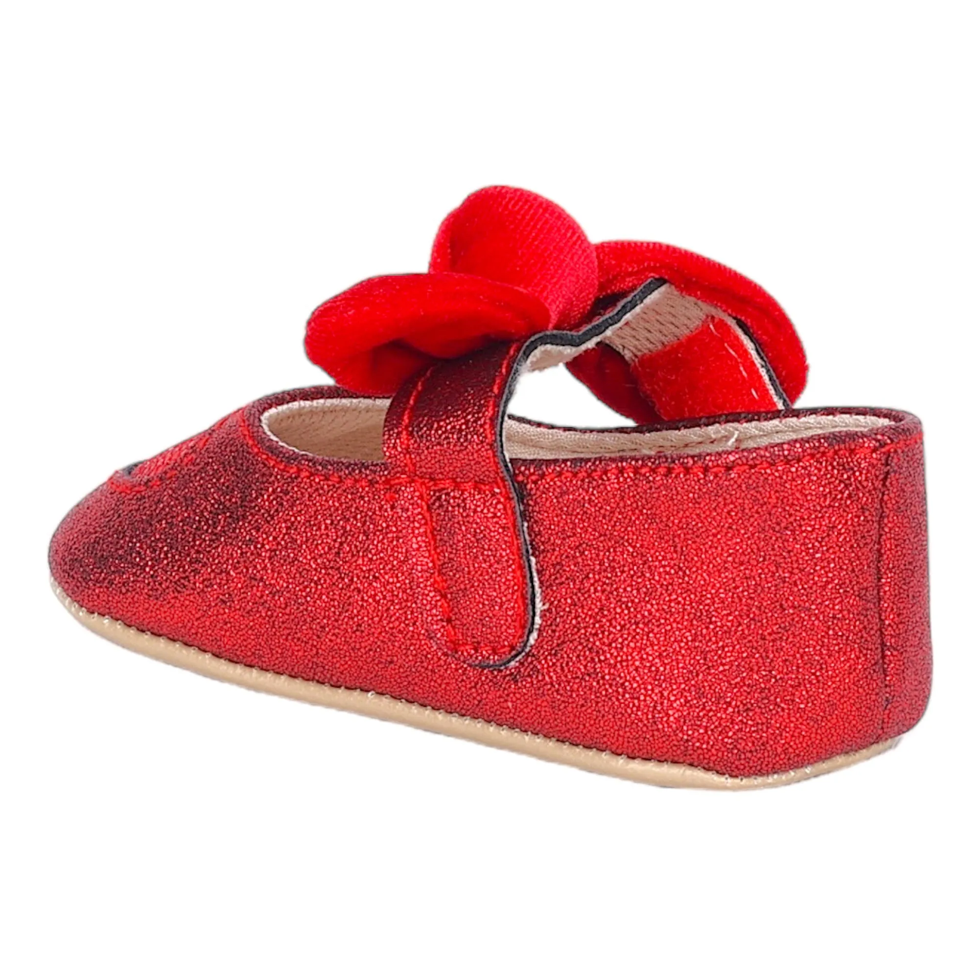 Baby Moo Sequin Heart Bow Velcro Strap Anti-Skid Ballerina Booties - Red