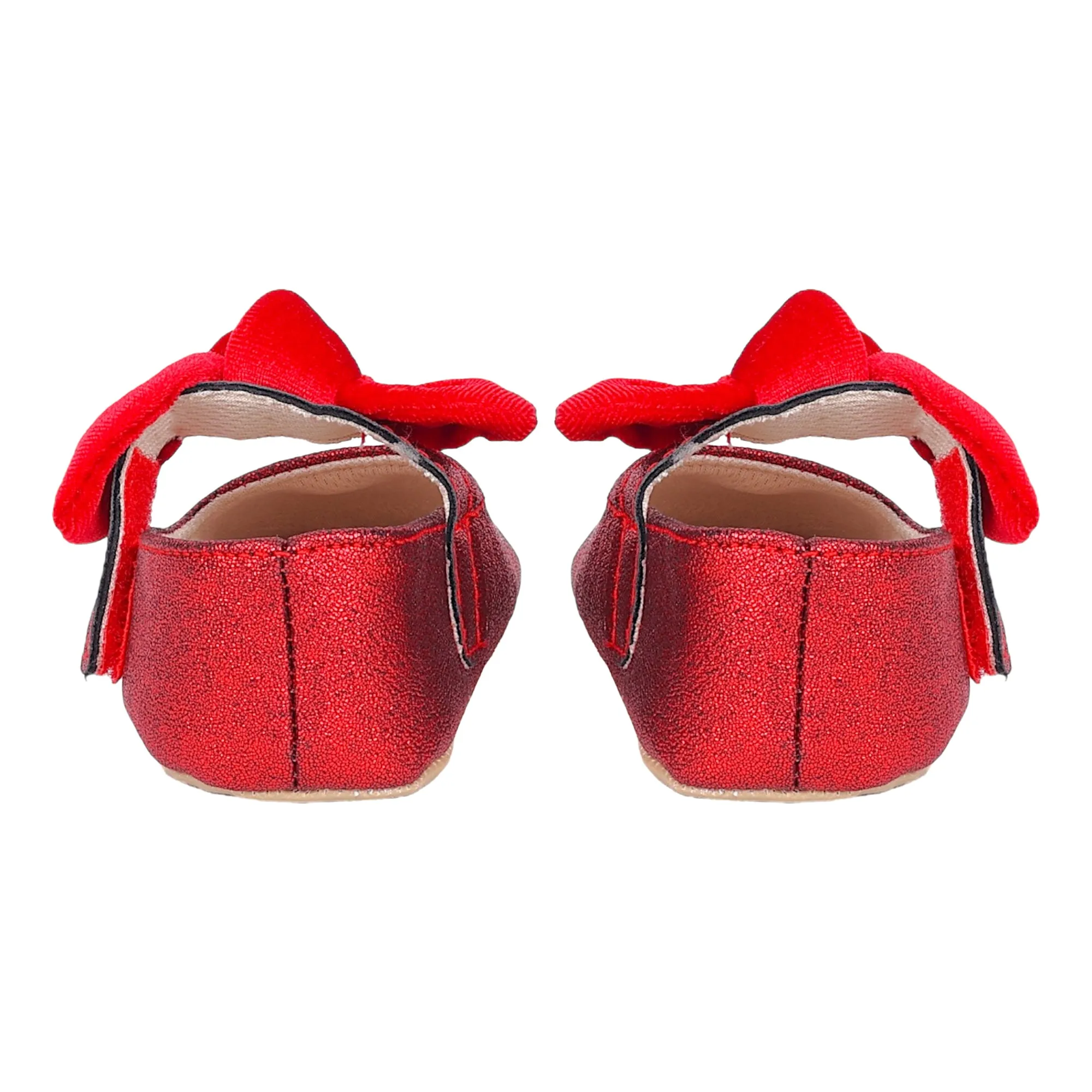Baby Moo Sequin Heart Bow Velcro Strap Anti-Skid Ballerina Booties - Red