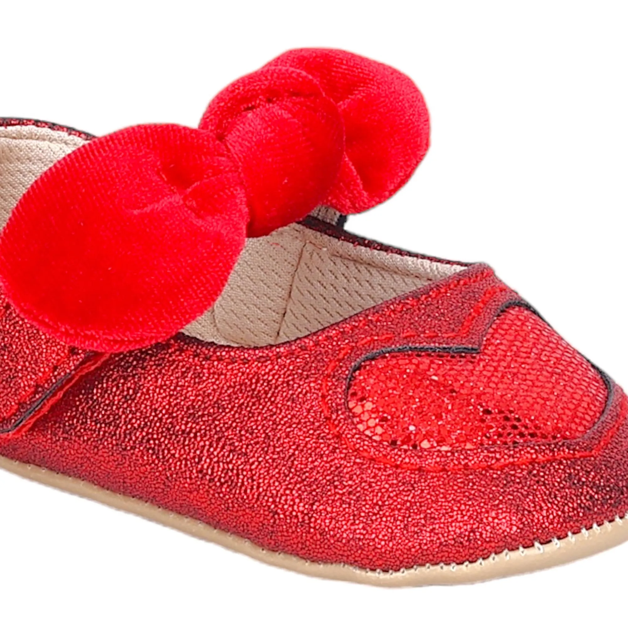 Baby Moo Sequin Heart Bow Velcro Strap Anti-Skid Ballerina Booties - Red