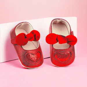 Baby Moo Sequin Heart Bow Velcro Strap Anti-Skid Ballerina Booties - Red
