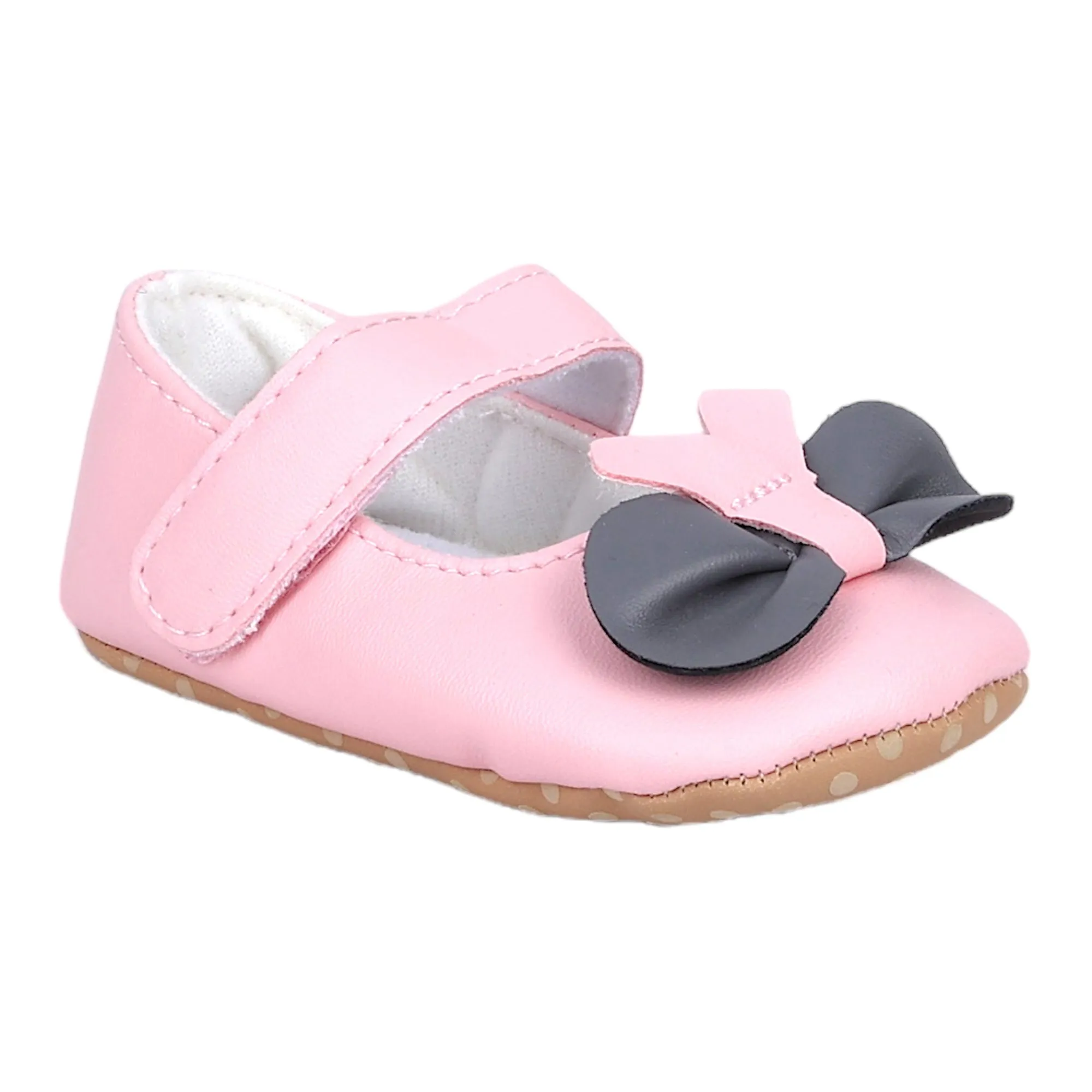 Baby Moo Vegan Leather Bow Velcro Strap Anti-Skid Ballerina Booties - Pink