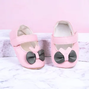 Baby Moo Vegan Leather Bow Velcro Strap Anti-Skid Ballerina Booties - Pink