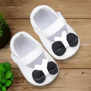 Baby Moo Vegan Leather Bow Velcro Strap Anti-Skid Ballerina Booties - White