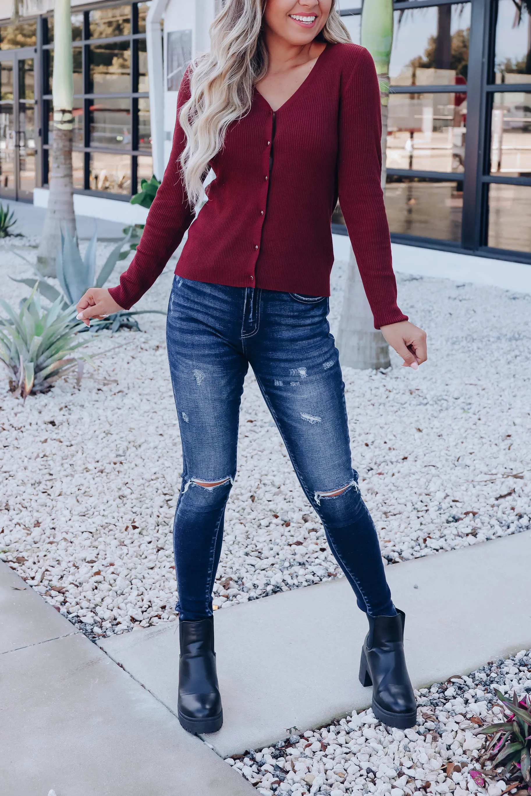 Beatrice Bodycon Button Up Cardigan - Merlot