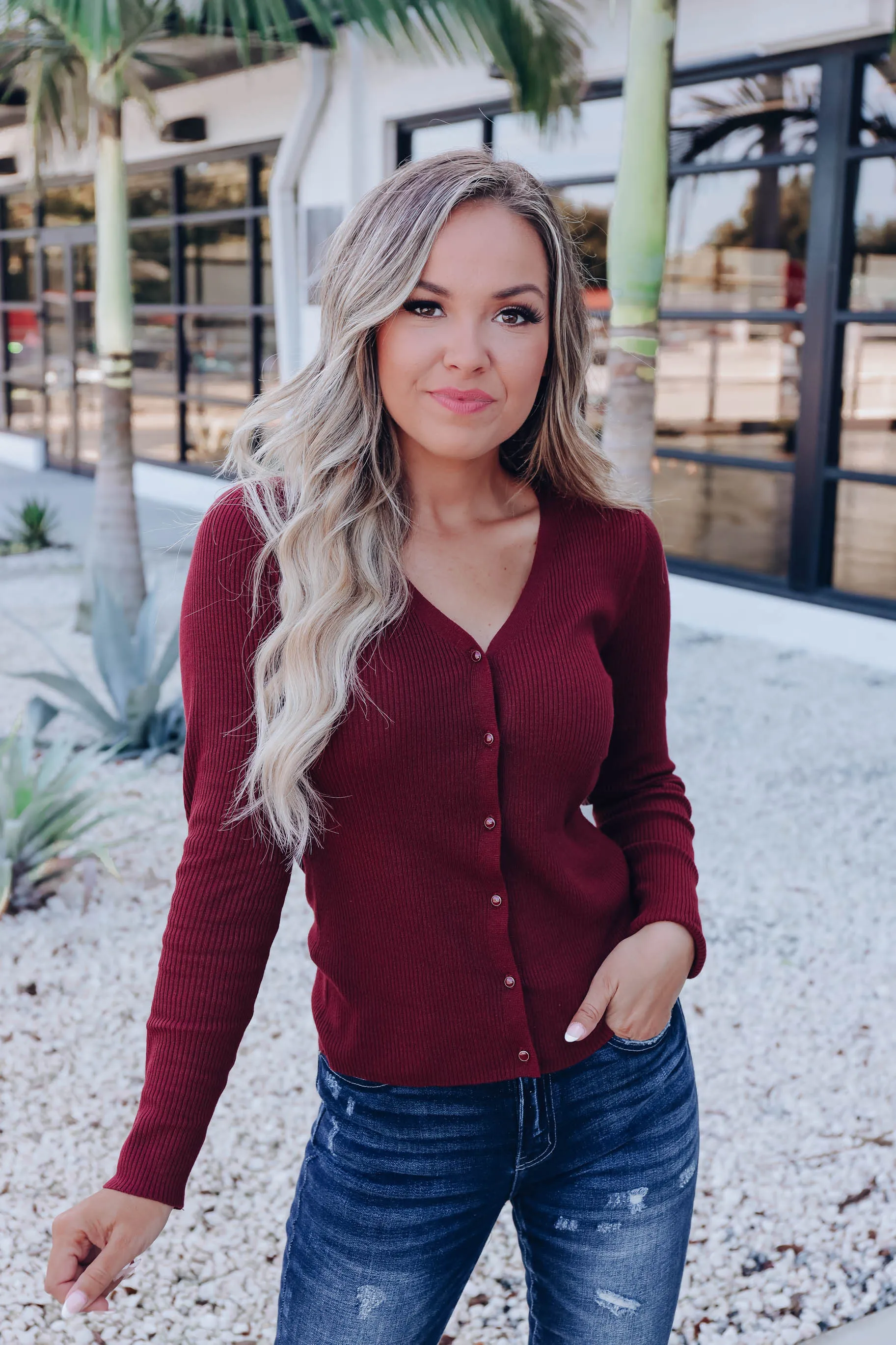 Beatrice Bodycon Button Up Cardigan - Merlot