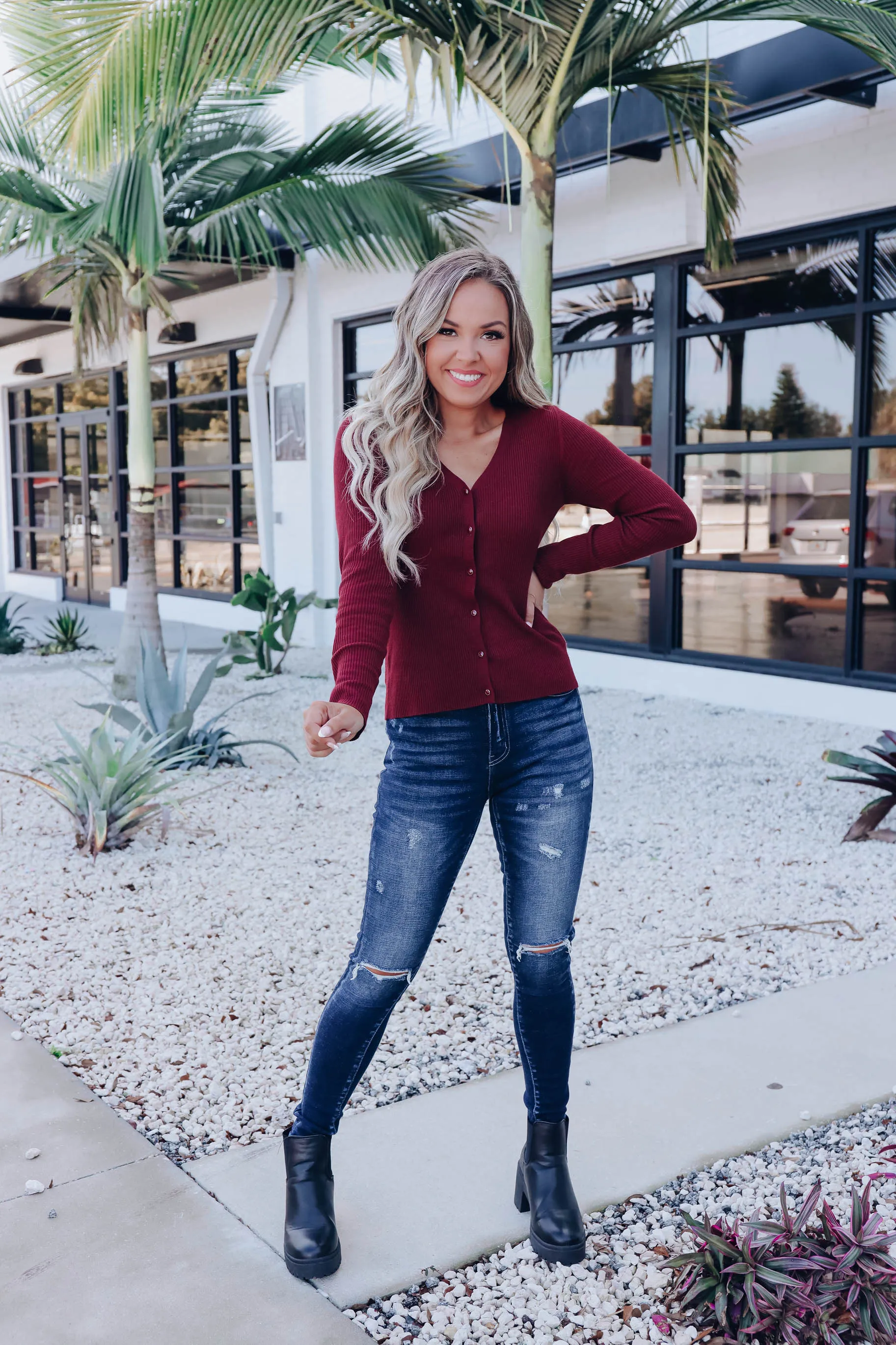 Beatrice Bodycon Button Up Cardigan - Merlot
