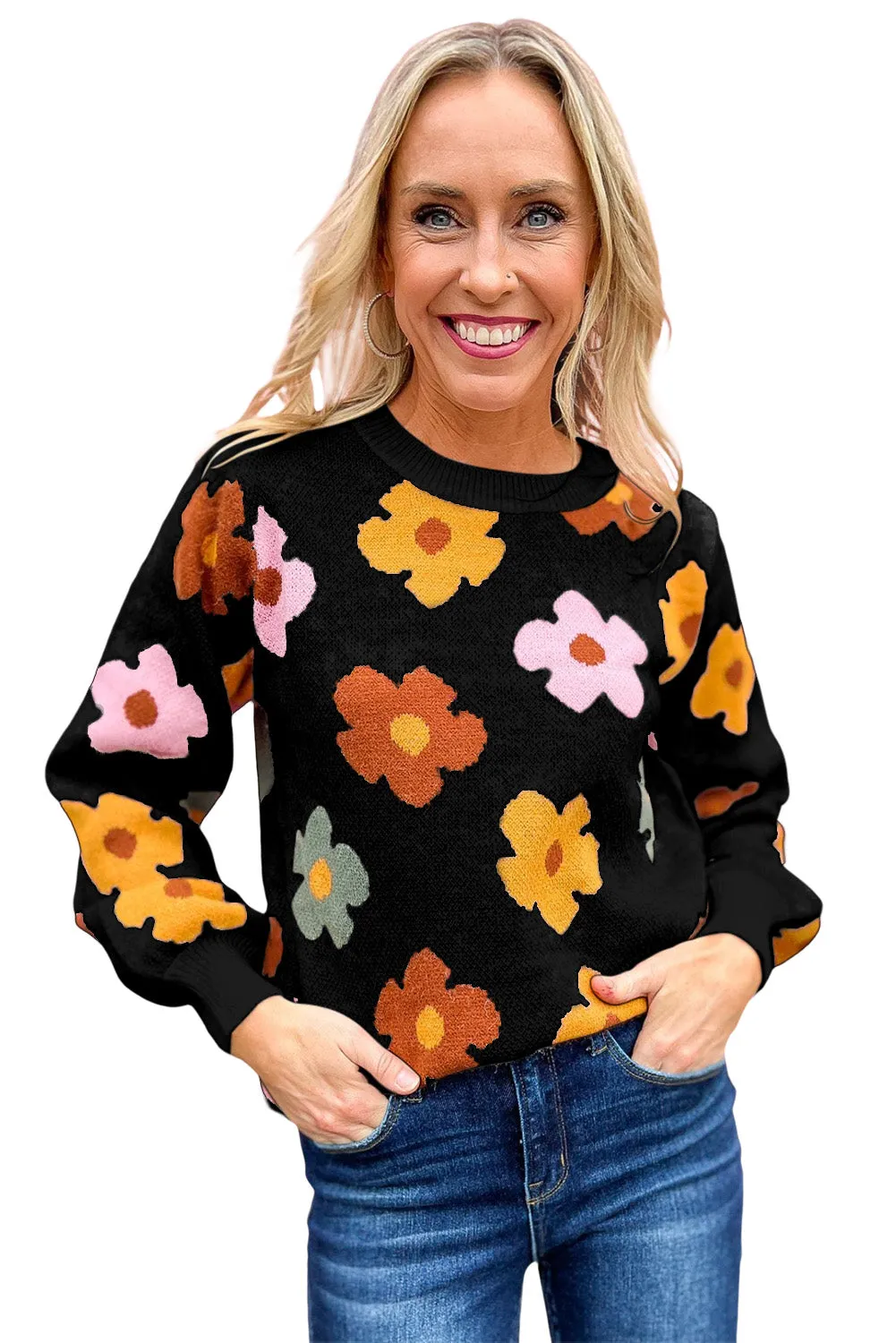 Black White Sweet Flower Knitted Ribbed Hem Sweater