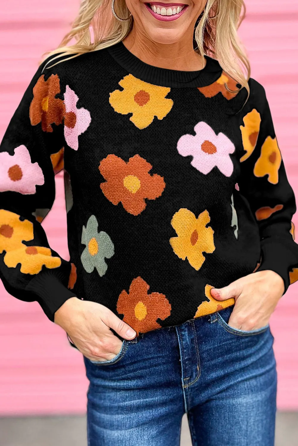 Black White Sweet Flower Knitted Ribbed Hem Sweater