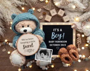 Boy Baby Gender Reveal Digital Image With Bear In Blue Outfit