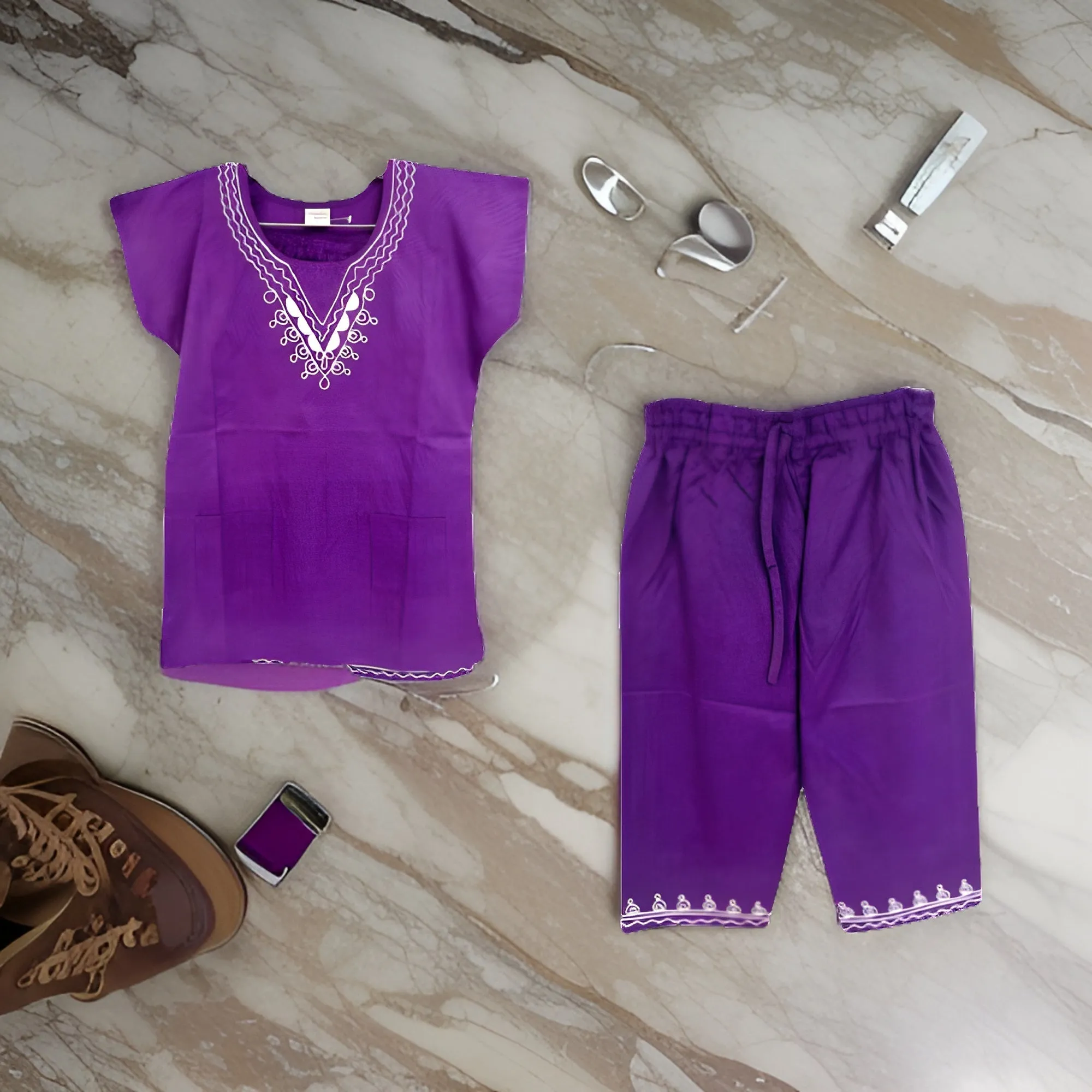 Boys Solid Purple Color 2pc African Dashiki Pant Set (XLarge)