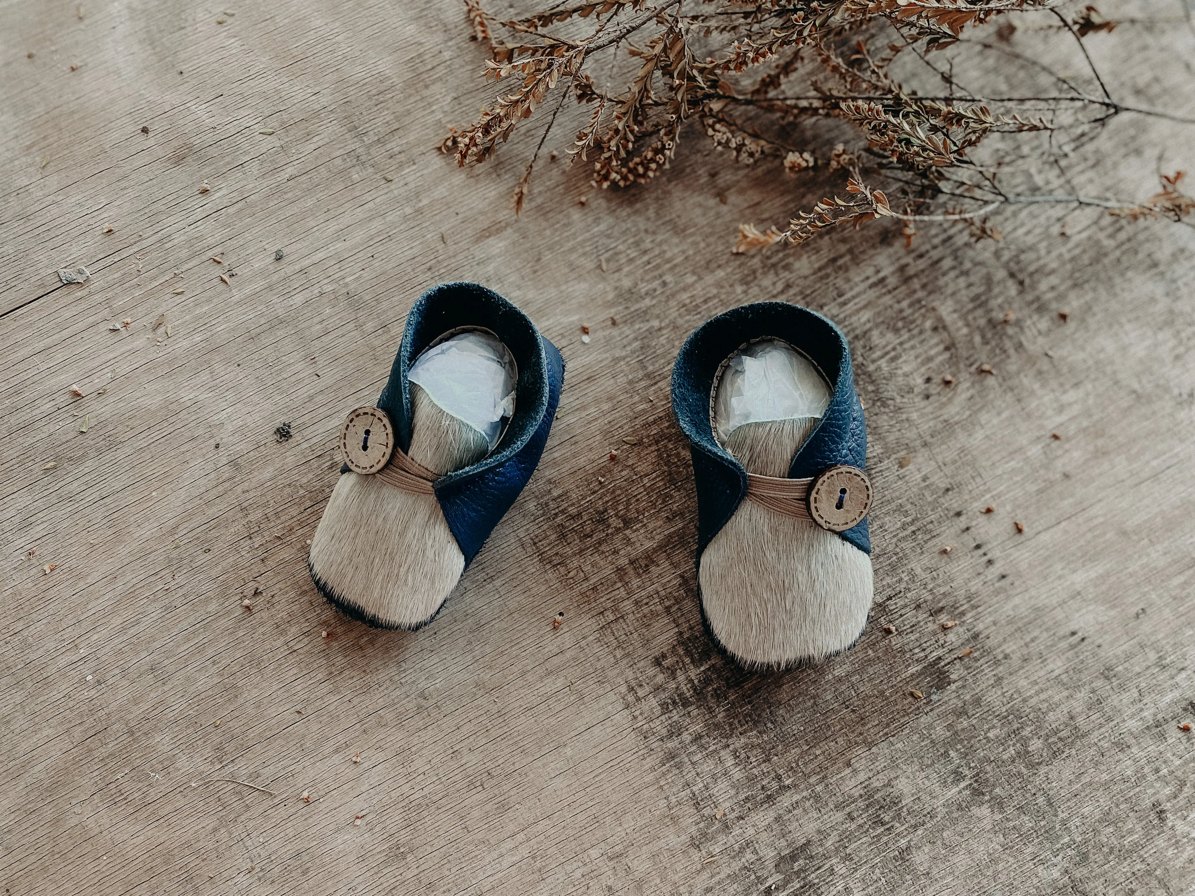 Button Bootie - Navy & Cream Cowhide