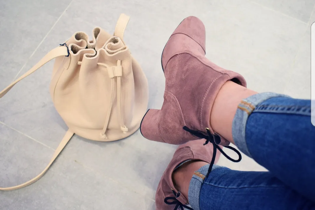 Calvina Stretch Suede Medium Heel Booties in Rose