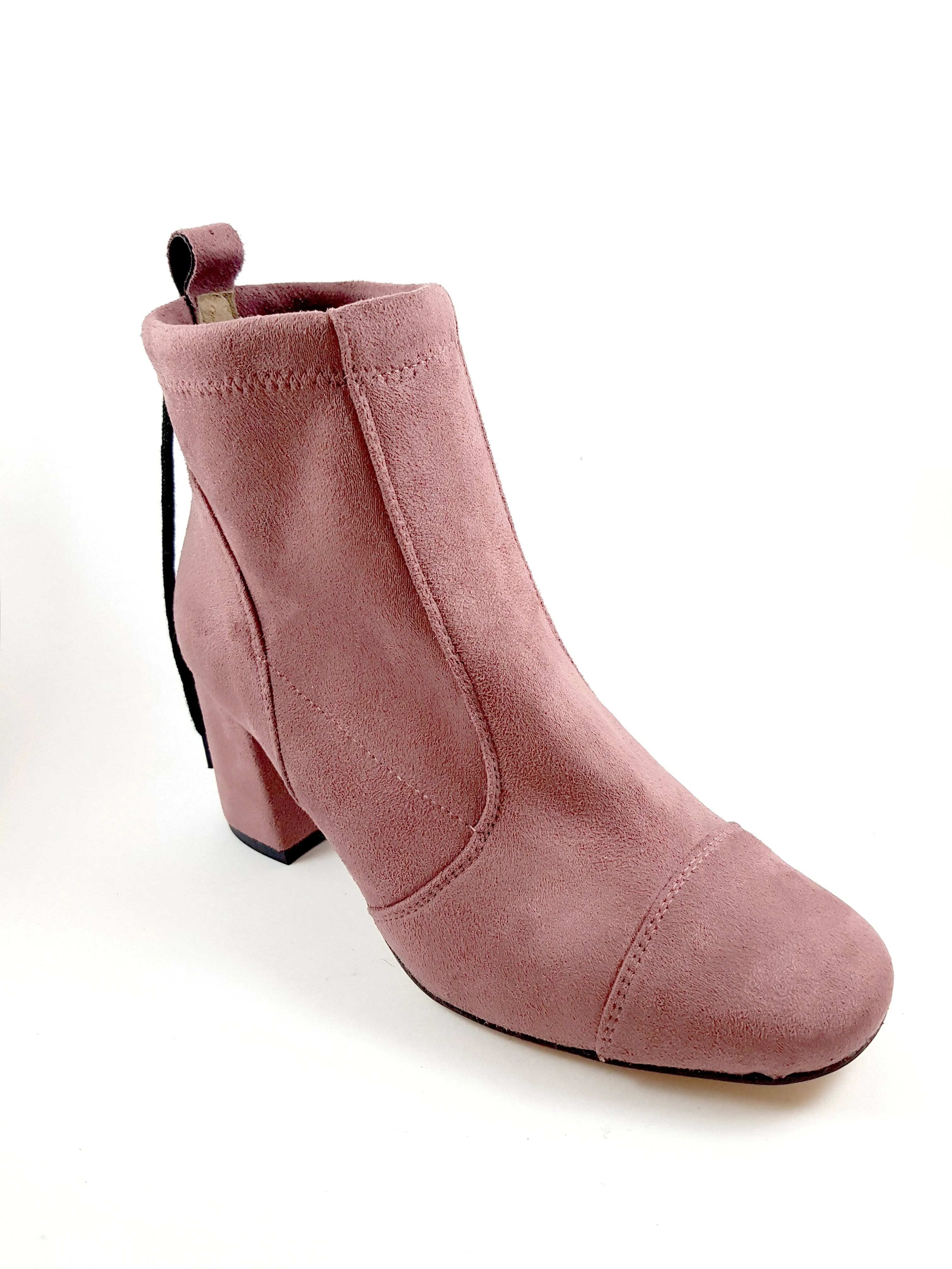 Calvina Stretch Suede Medium Heel Booties in Rose